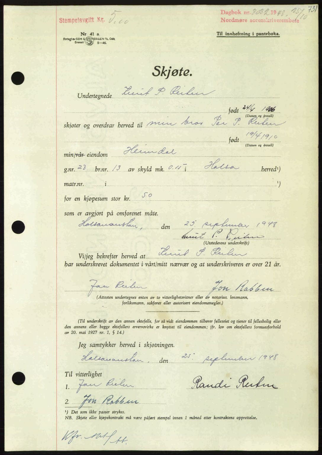 Nordmøre sorenskriveri, AV/SAT-A-4132/1/2/2Ca: Mortgage book no. A109, 1948-1948, Diary no: : 3032/1948