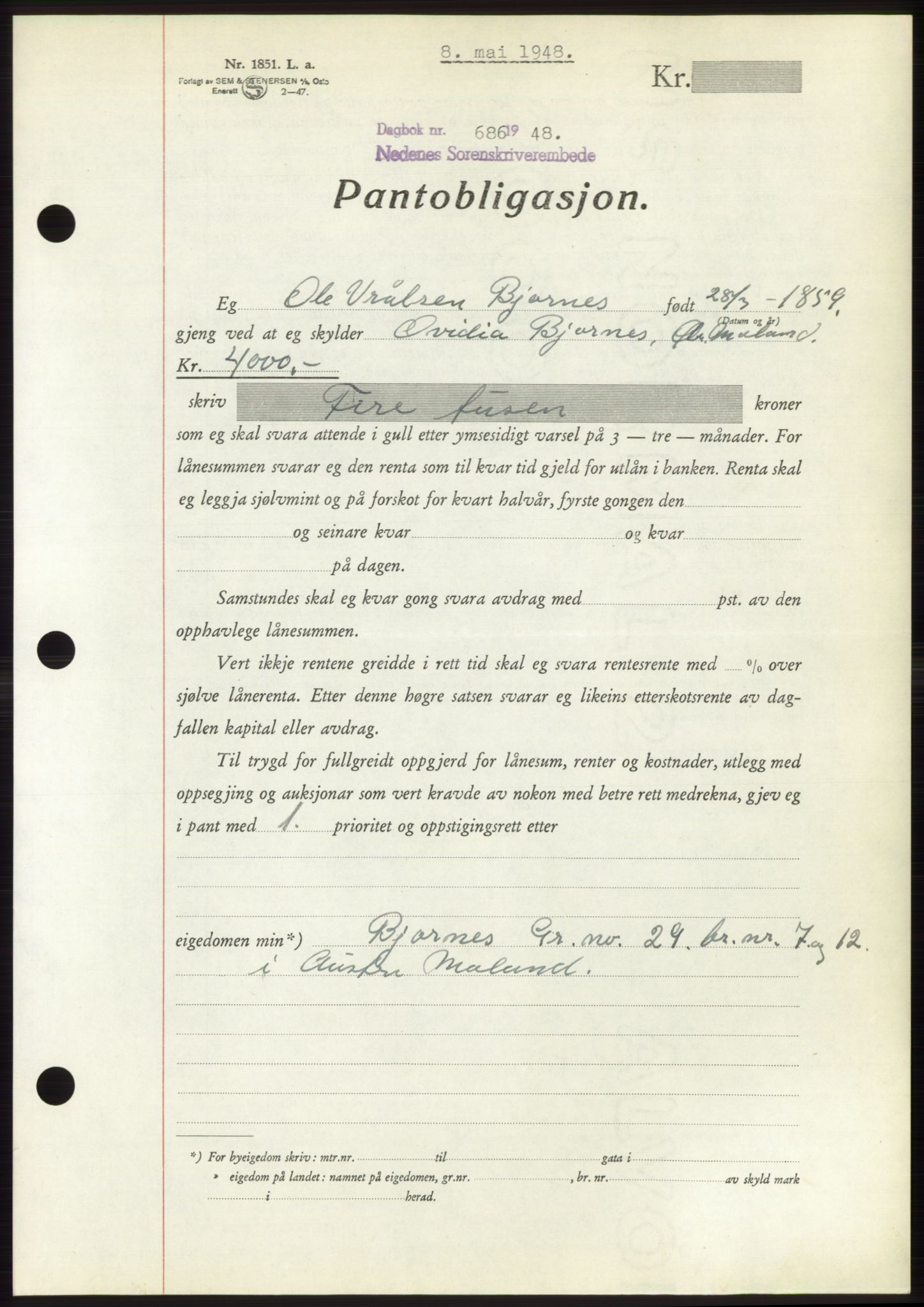 Nedenes sorenskriveri, AV/SAK-1221-0006/G/Gb/Gbb/L0005: Mortgage book no. B5, 1948-1948, Diary no: : 686/1948