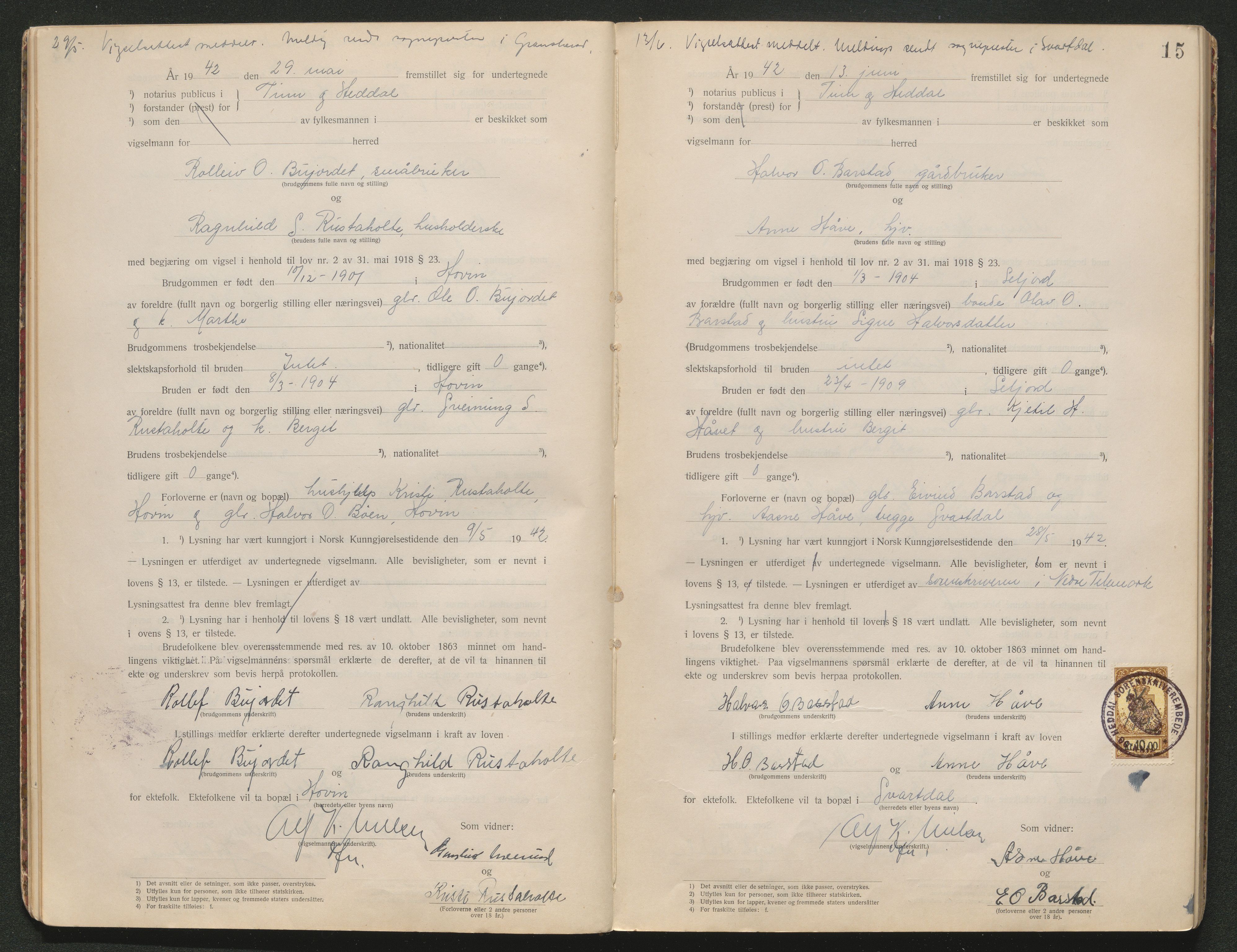 Tinn og Heddal sorenskriveri, AV/SAKO-A-212/L/La/L0003: Vigselsbok - , 1920-1945, p. 15