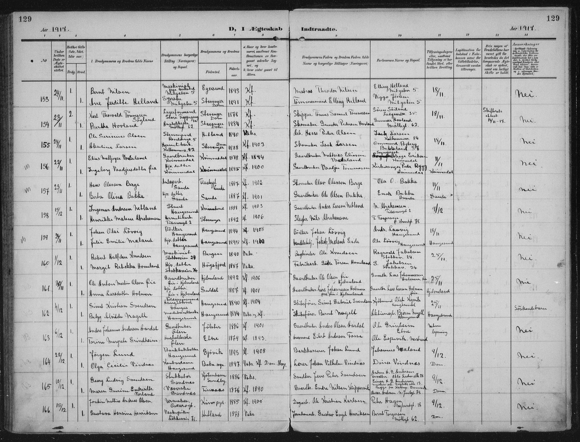 Domkirken sokneprestkontor, AV/SAST-A-101812/002/A/L0016: Parish register (official) no. A 33, 1905-1922, p. 129