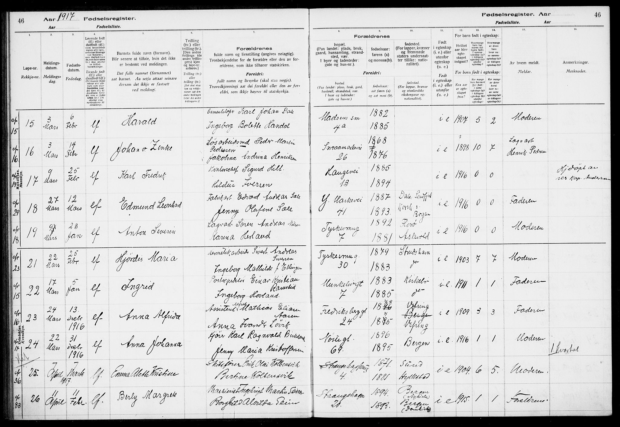 Nykirken Sokneprestembete, AV/SAB-A-77101/I/Id/L00A1: Birth register no. A 1, 1916-1922, p. 46