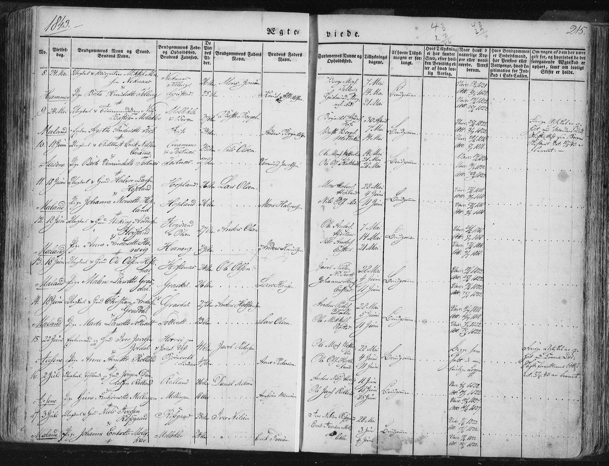 Hamre sokneprestembete, SAB/A-75501/H/Ha/Haa/Haaa/L0012: Parish register (official) no. A 12, 1834-1845, p. 215