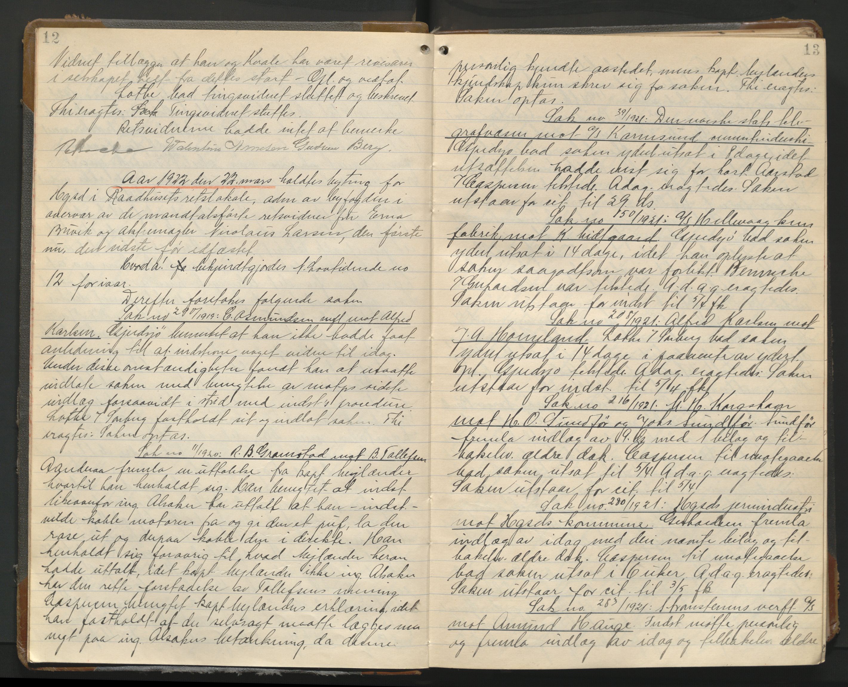 Haugesund tingrett, AV/SAST-A-101415/01/V/VA/L0016: Bytingsprotokoll, 1922-1923, p. 12-13