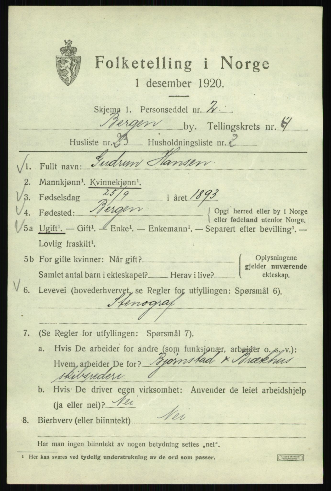 SAB, 1920 census for Bergen, 1920, p. 64346