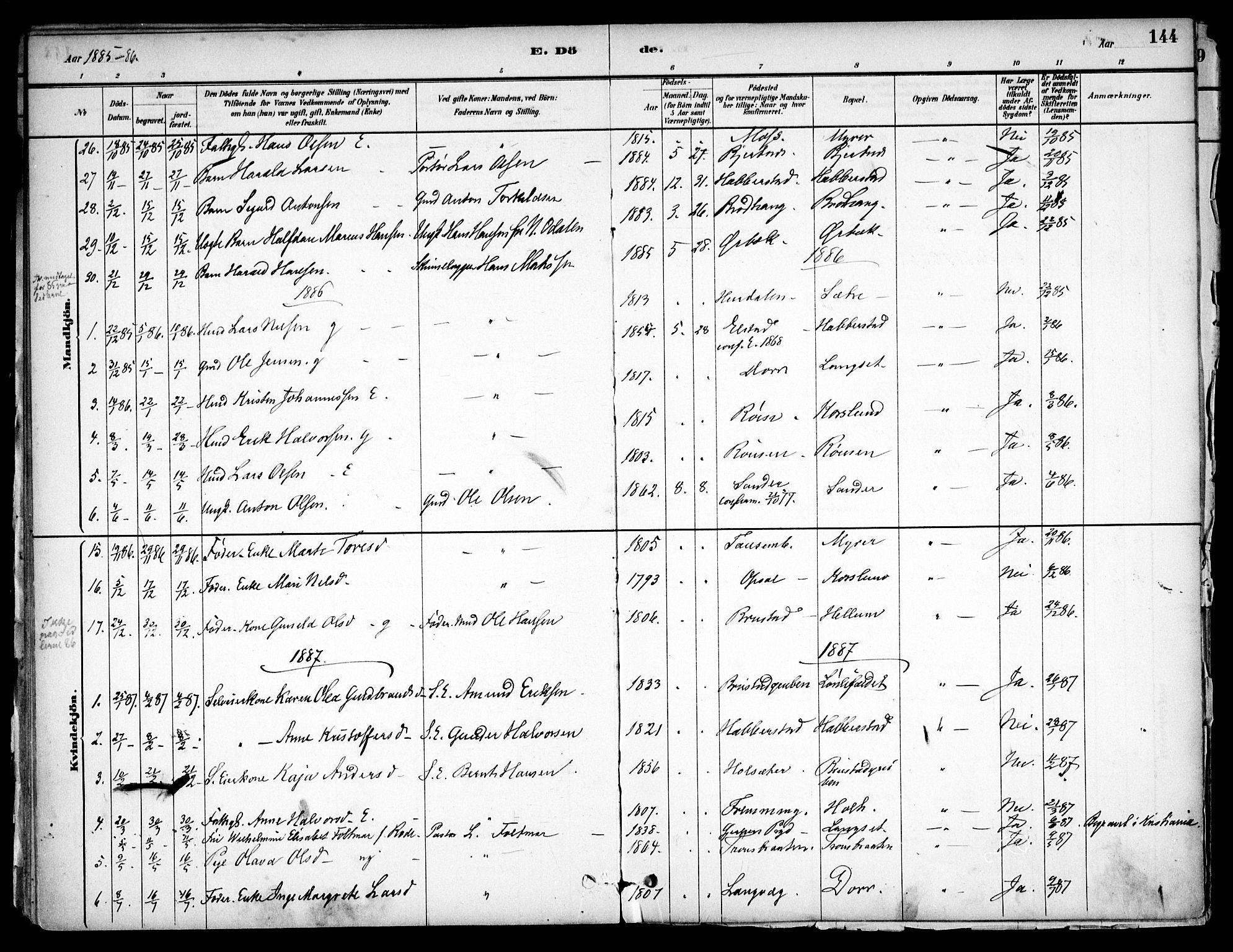 Eidsvoll prestekontor Kirkebøker, AV/SAO-A-10888/F/Fb/L0001: Parish register (official) no. II 1, 1882-1897, p. 144