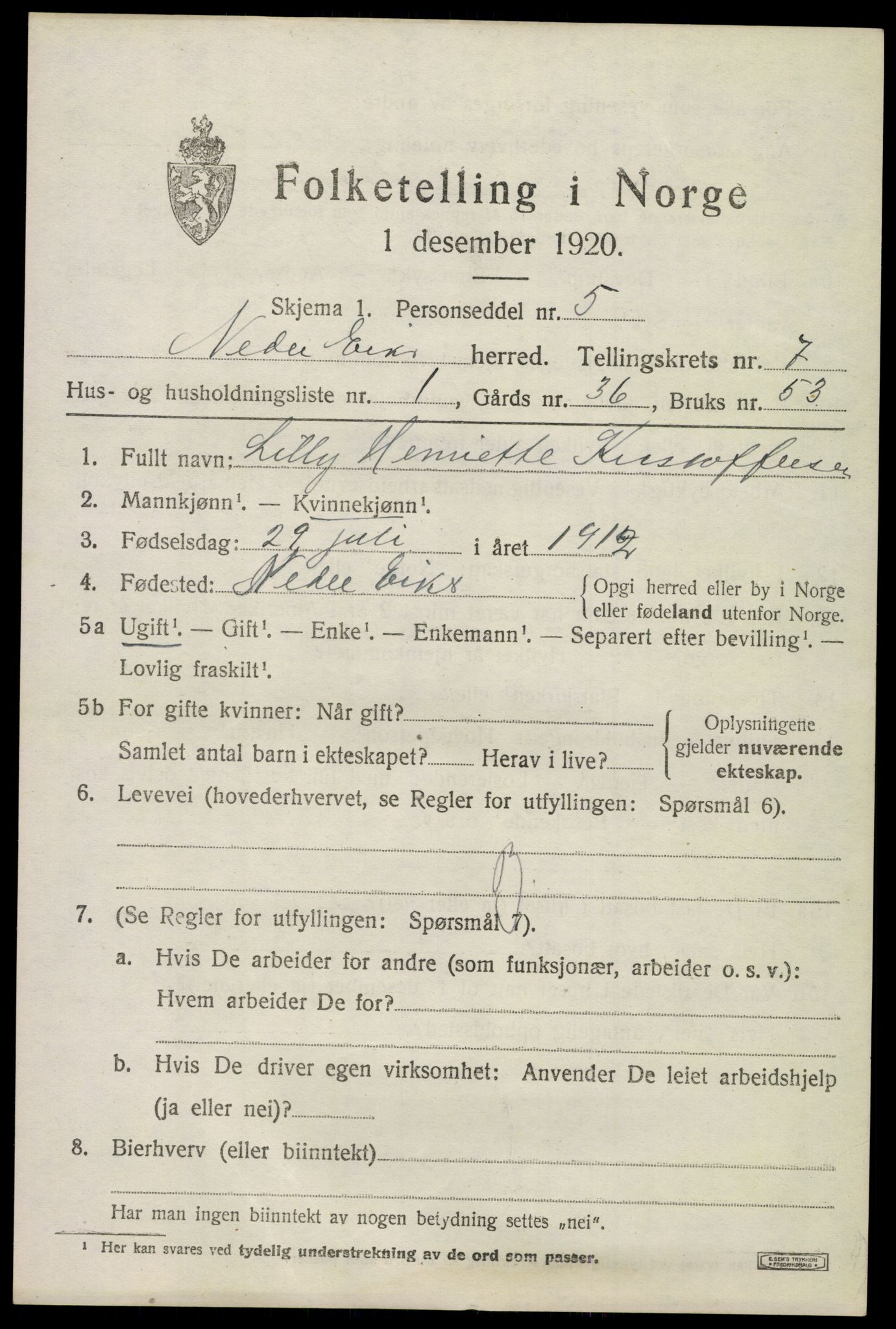 SAKO, 1920 census for Nedre Eiker, 1920, p. 7411