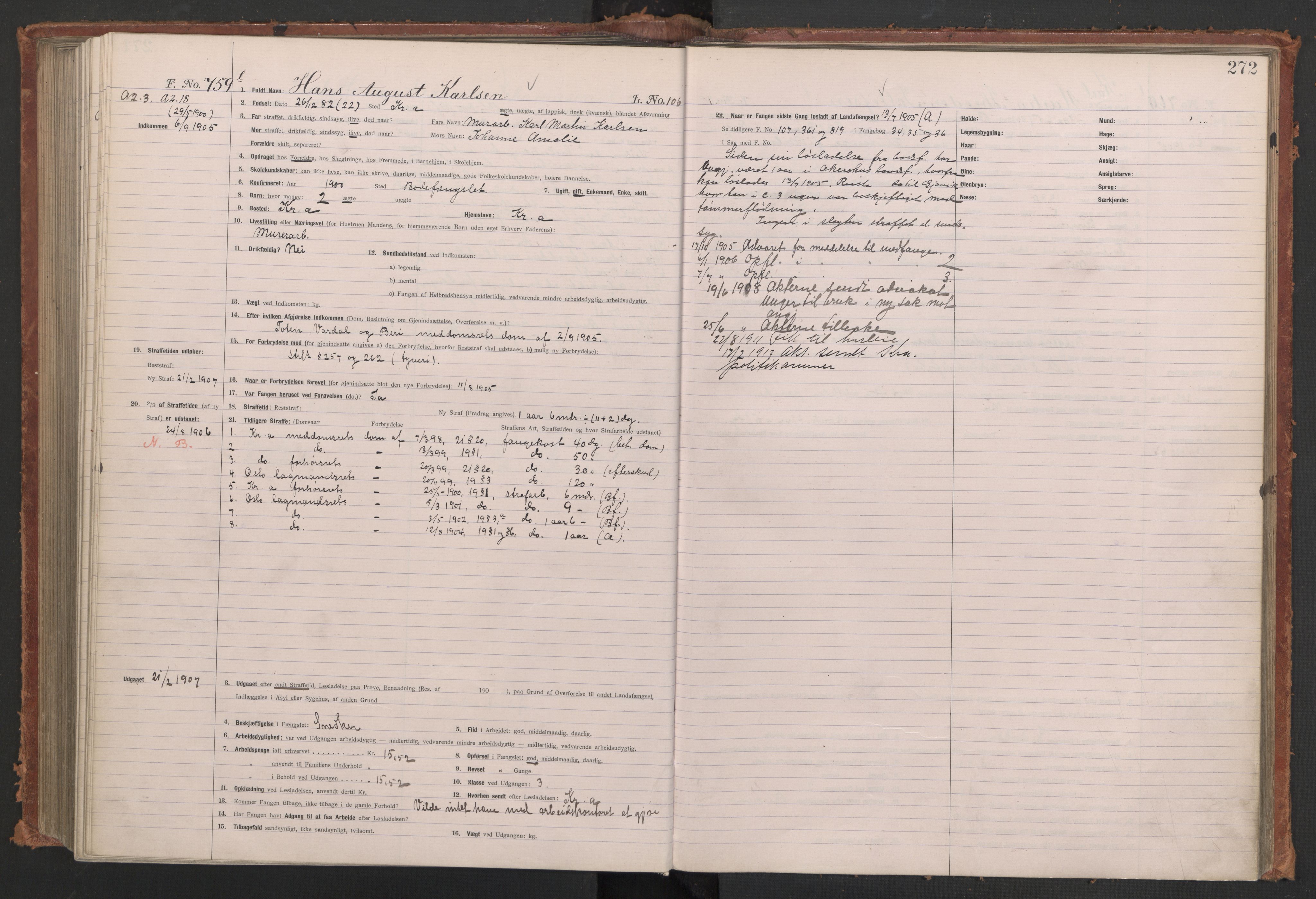 Botsfengslet, AV/RA-S-1539/D/Db/Dbb/L0039: 488l - 820l, 1904-1905, p. 272