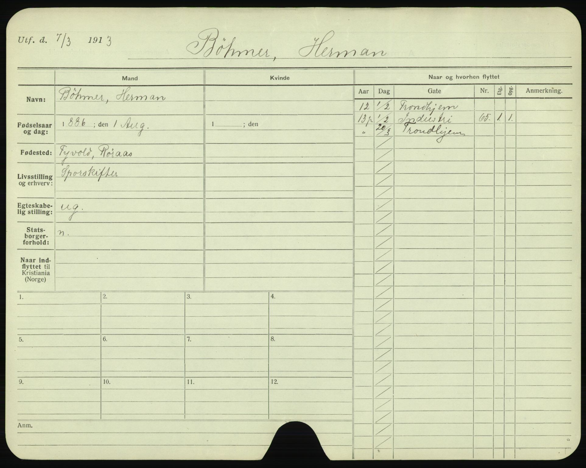 Oslo folkeregister, Registerkort, AV/SAO-A-11715/F/Fa/Fac/L0002: Menn, 1906-1914, p. 456a