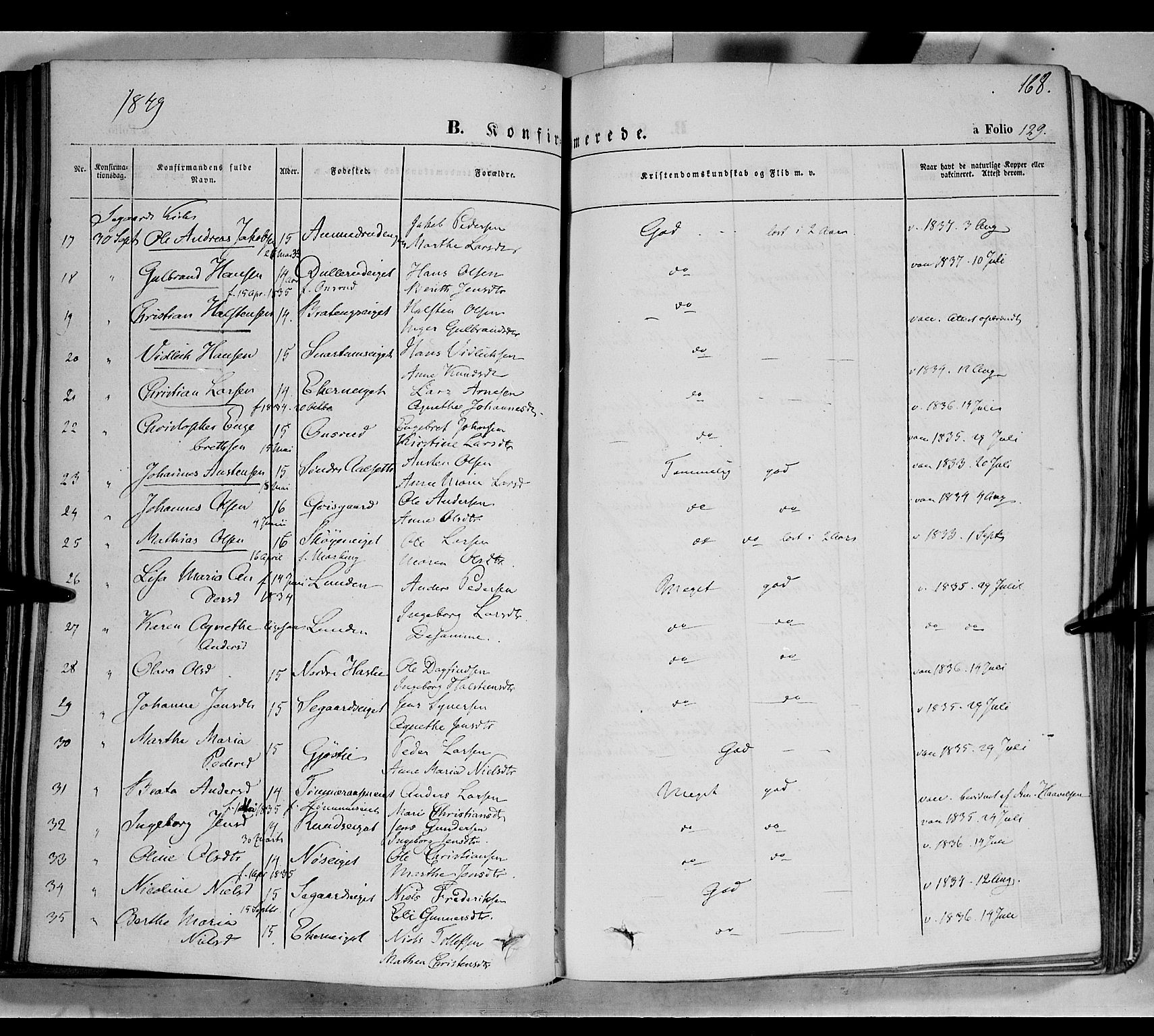 Biri prestekontor, SAH/PREST-096/H/Ha/Haa/L0005: Parish register (official) no. 5, 1843-1854, p. 168