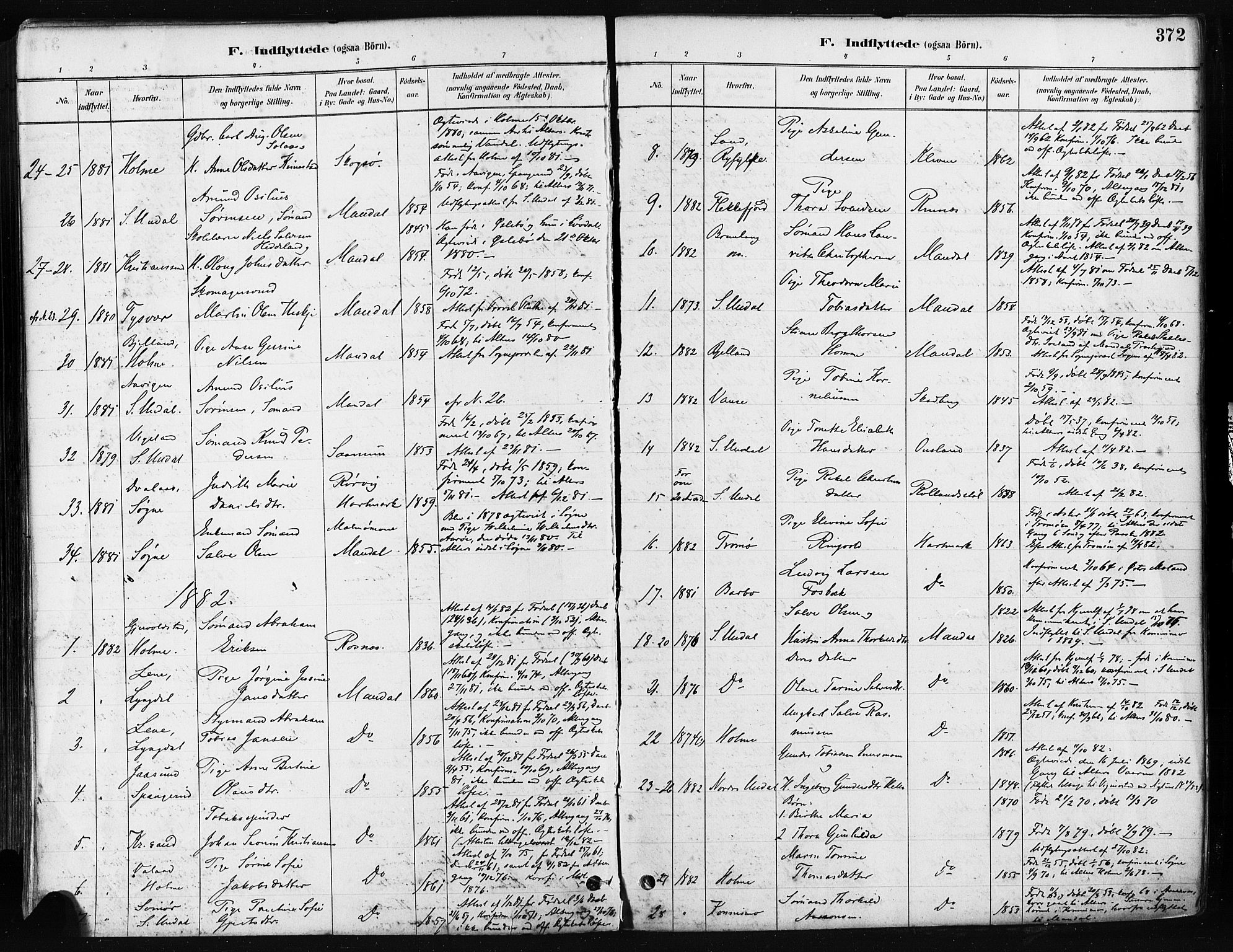 Mandal sokneprestkontor, SAK/1111-0030/F/Fa/Faa/L0016: Parish register (official) no. A 16, 1880-1890, p. 372
