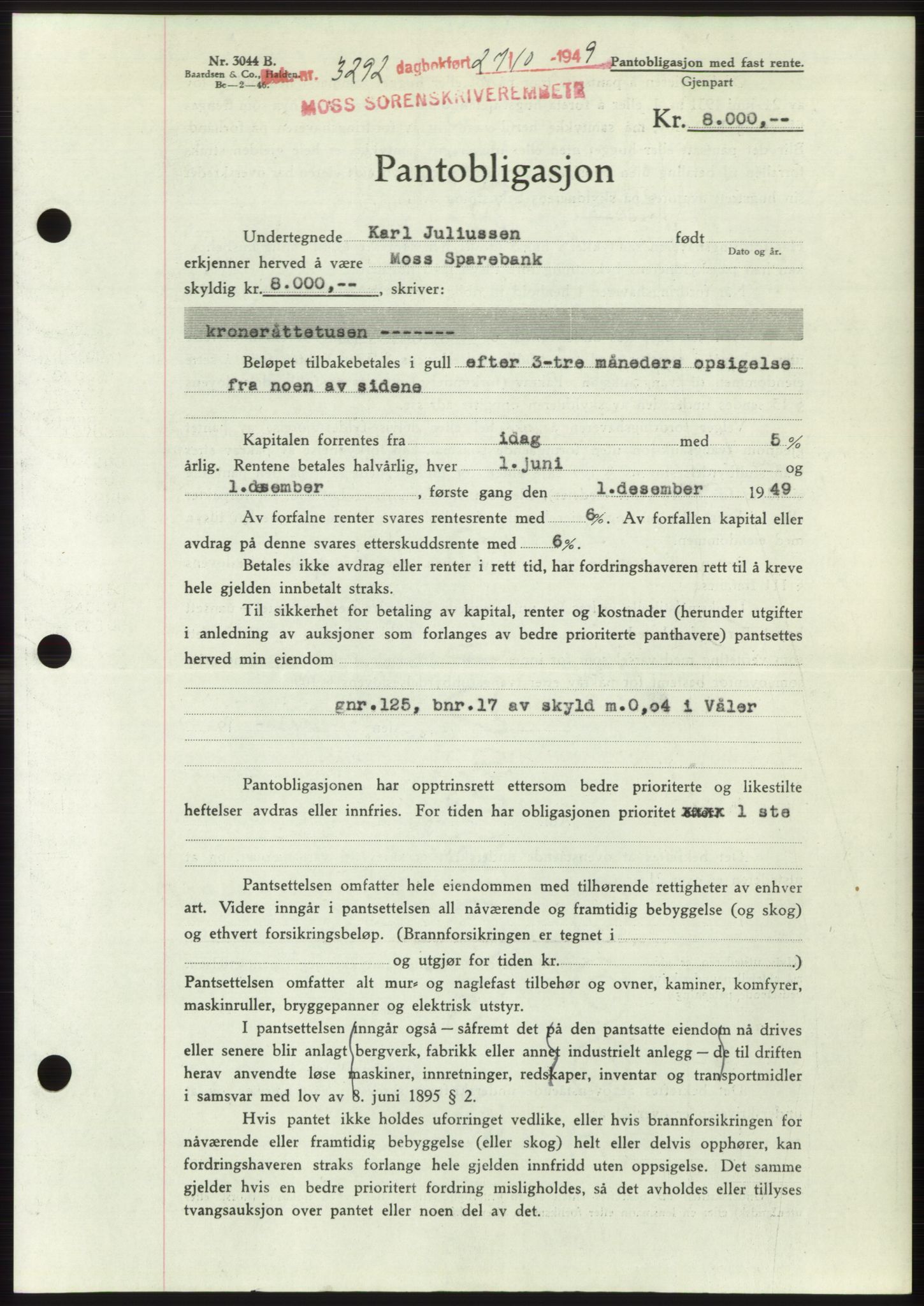 Moss sorenskriveri, SAO/A-10168: Mortgage book no. B23, 1949-1950, Diary no: : 3292/1949