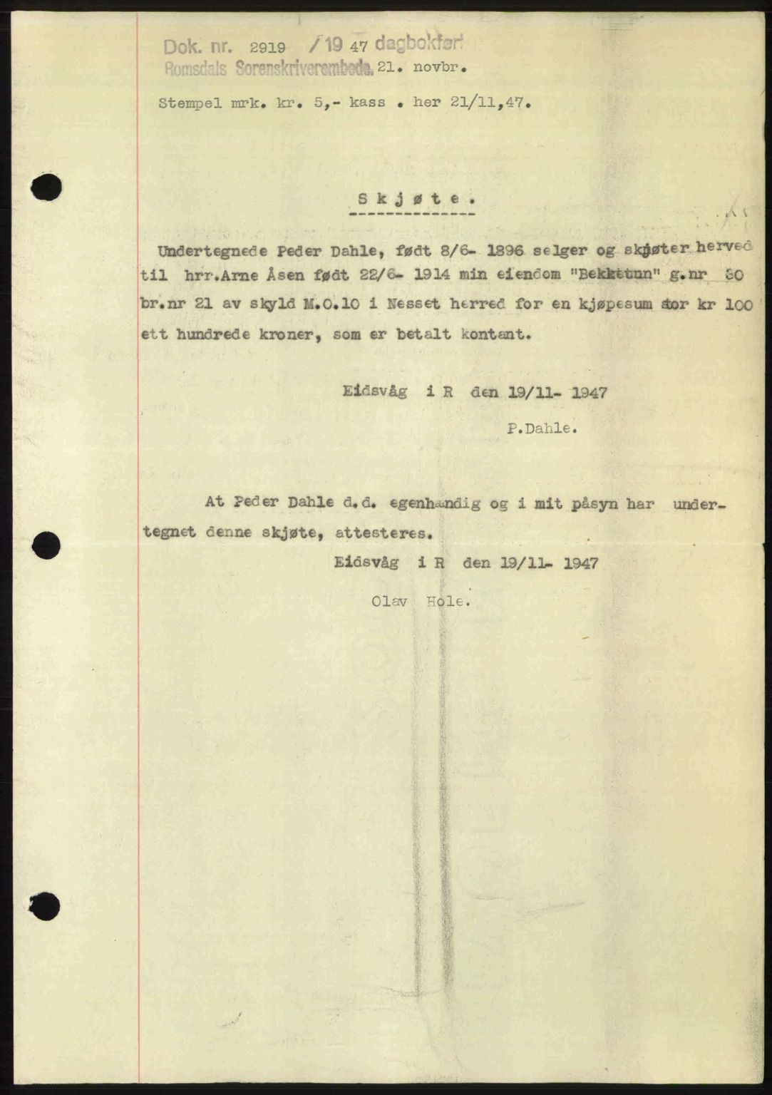 Romsdal sorenskriveri, SAT/A-4149/1/2/2C: Mortgage book no. A24, 1947-1947, Diary no: : 2919/1947