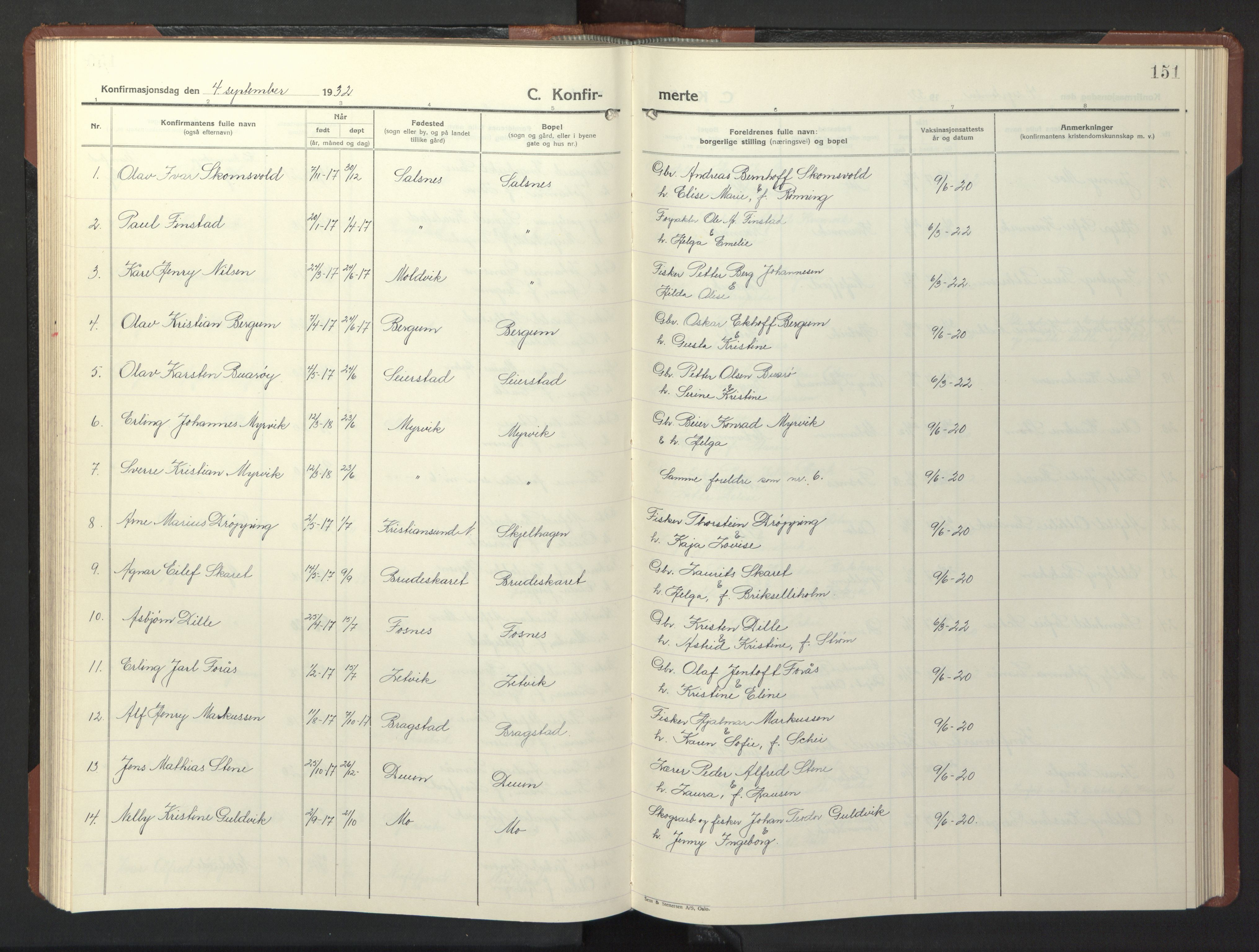 Ministerialprotokoller, klokkerbøker og fødselsregistre - Nord-Trøndelag, SAT/A-1458/773/L0625: Parish register (copy) no. 773C01, 1910-1952, p. 151