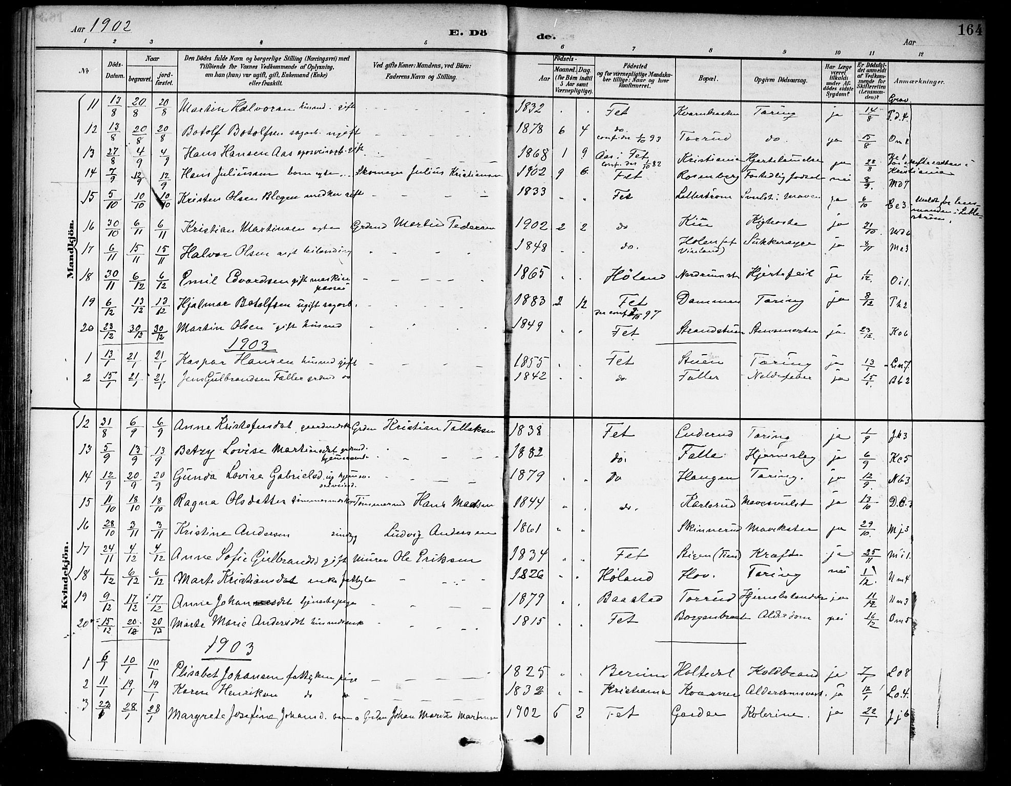 Fet prestekontor Kirkebøker, SAO/A-10370a/F/Fa/L0015: Parish register (official) no. I 15, 1892-1904, p. 164