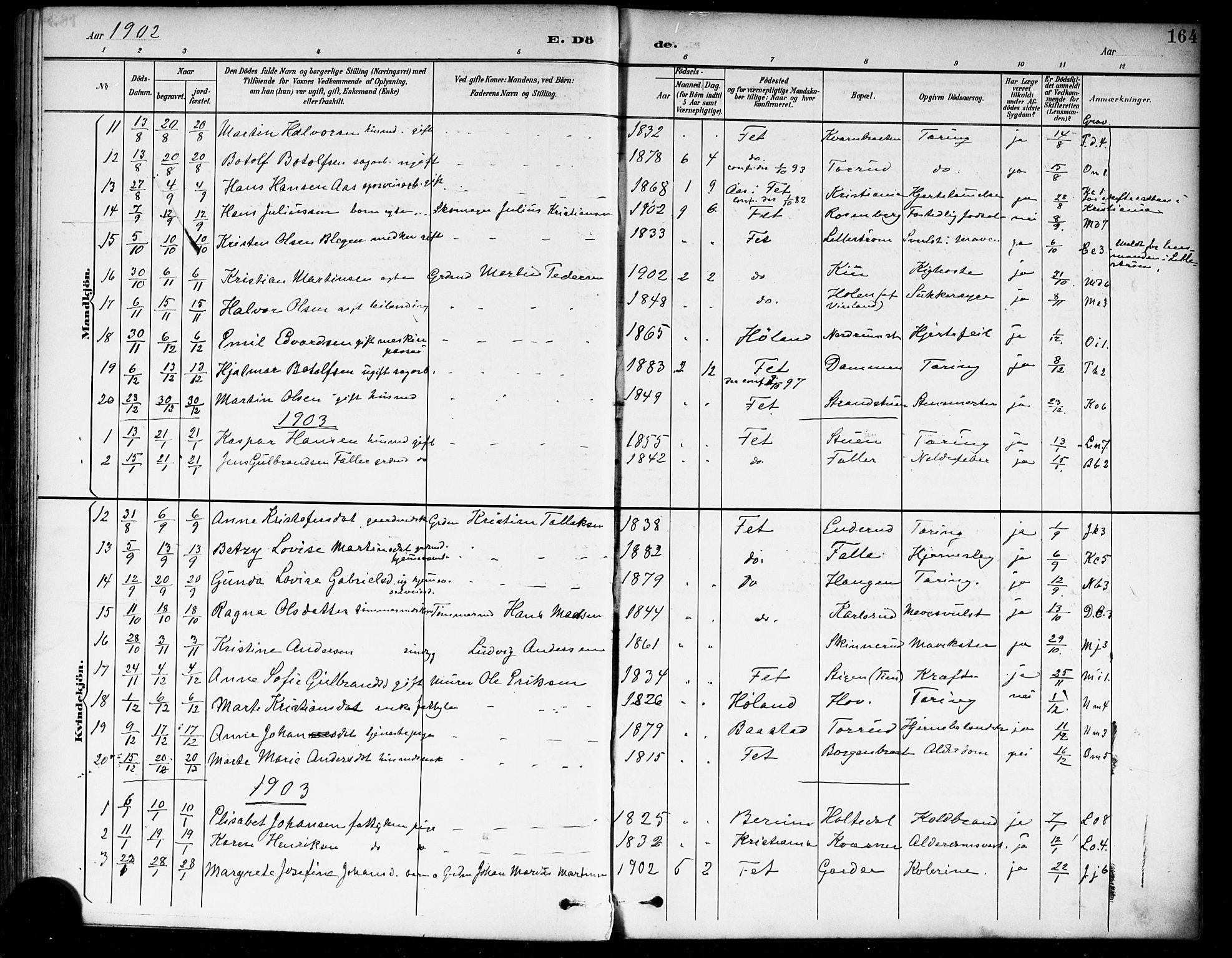 Fet prestekontor Kirkebøker, AV/SAO-A-10370a/F/Fa/L0015: Parish register (official) no. I 15, 1892-1904, p. 164