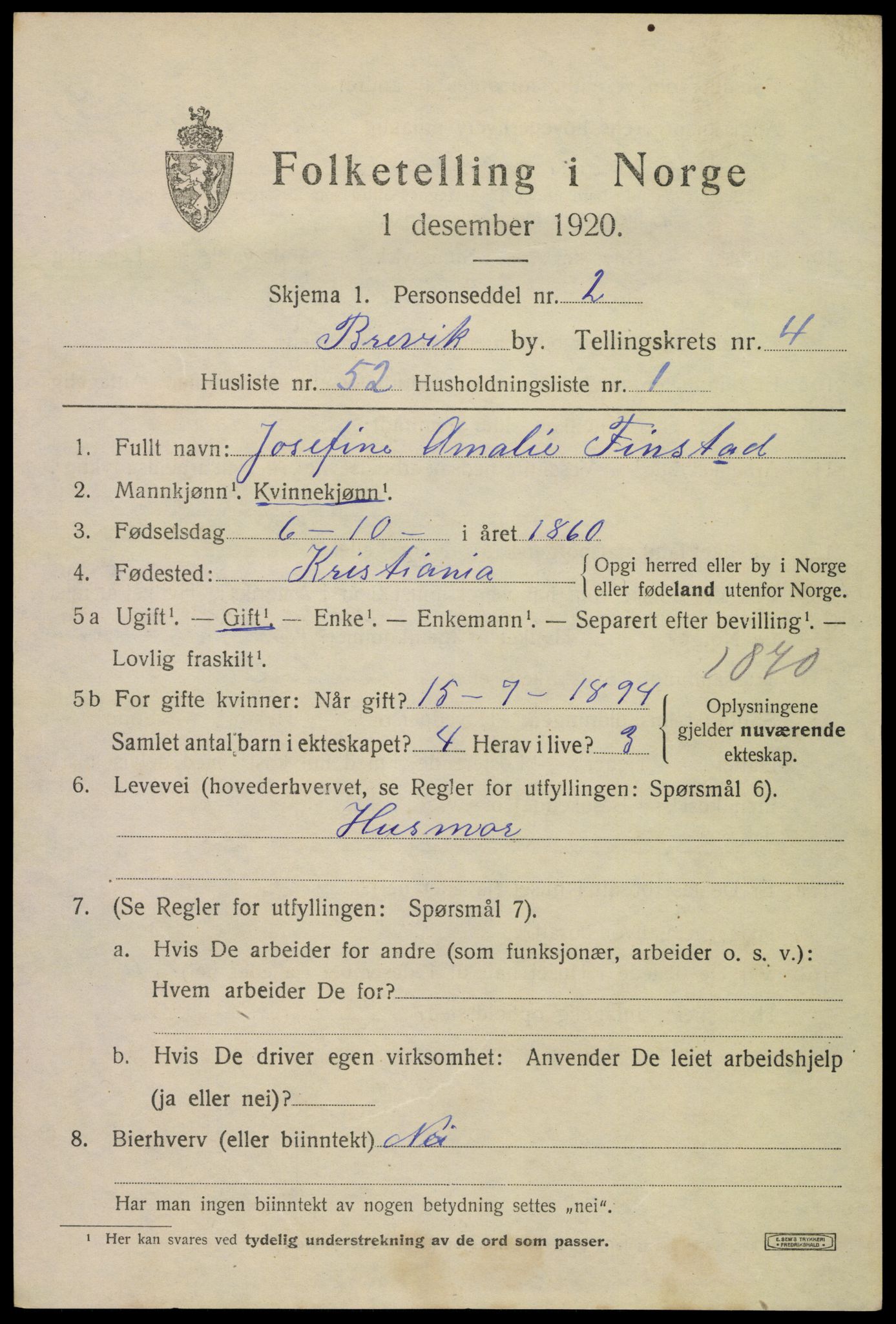 SAKO, 1920 census for Brevik, 1920, p. 6560