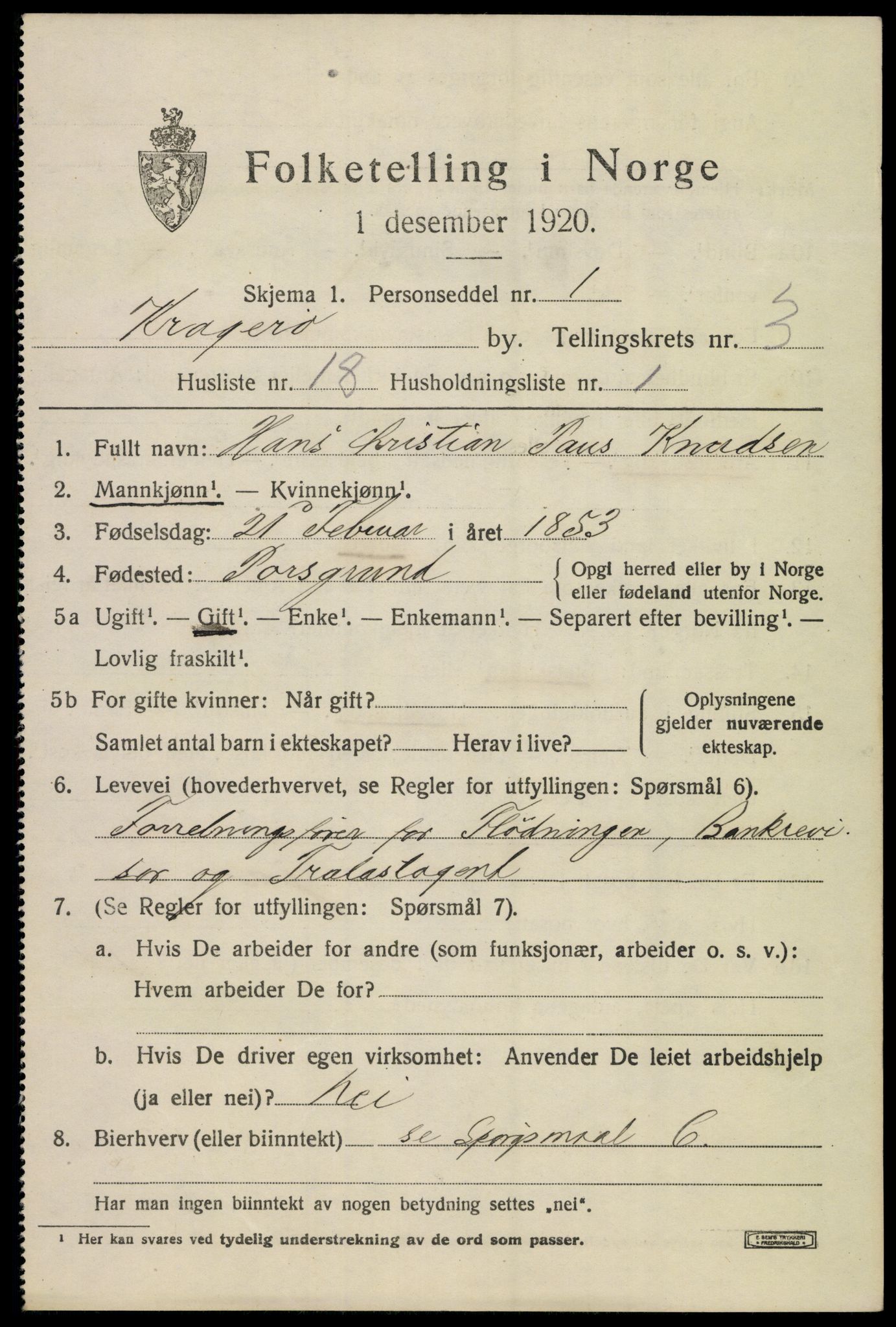 SAKO, 1920 census for Kragerø, 1920, p. 7267