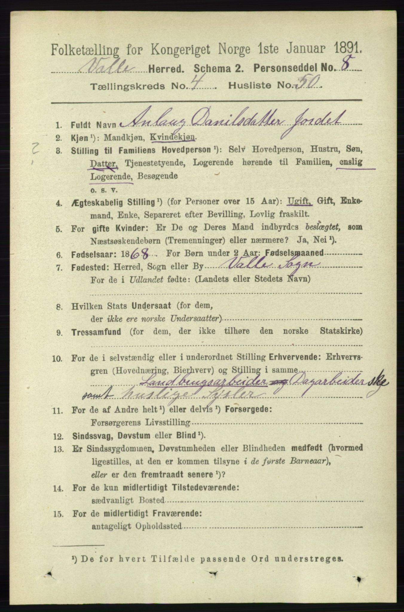 RA, 1891 census for 0940 Valle, 1891, p. 1273