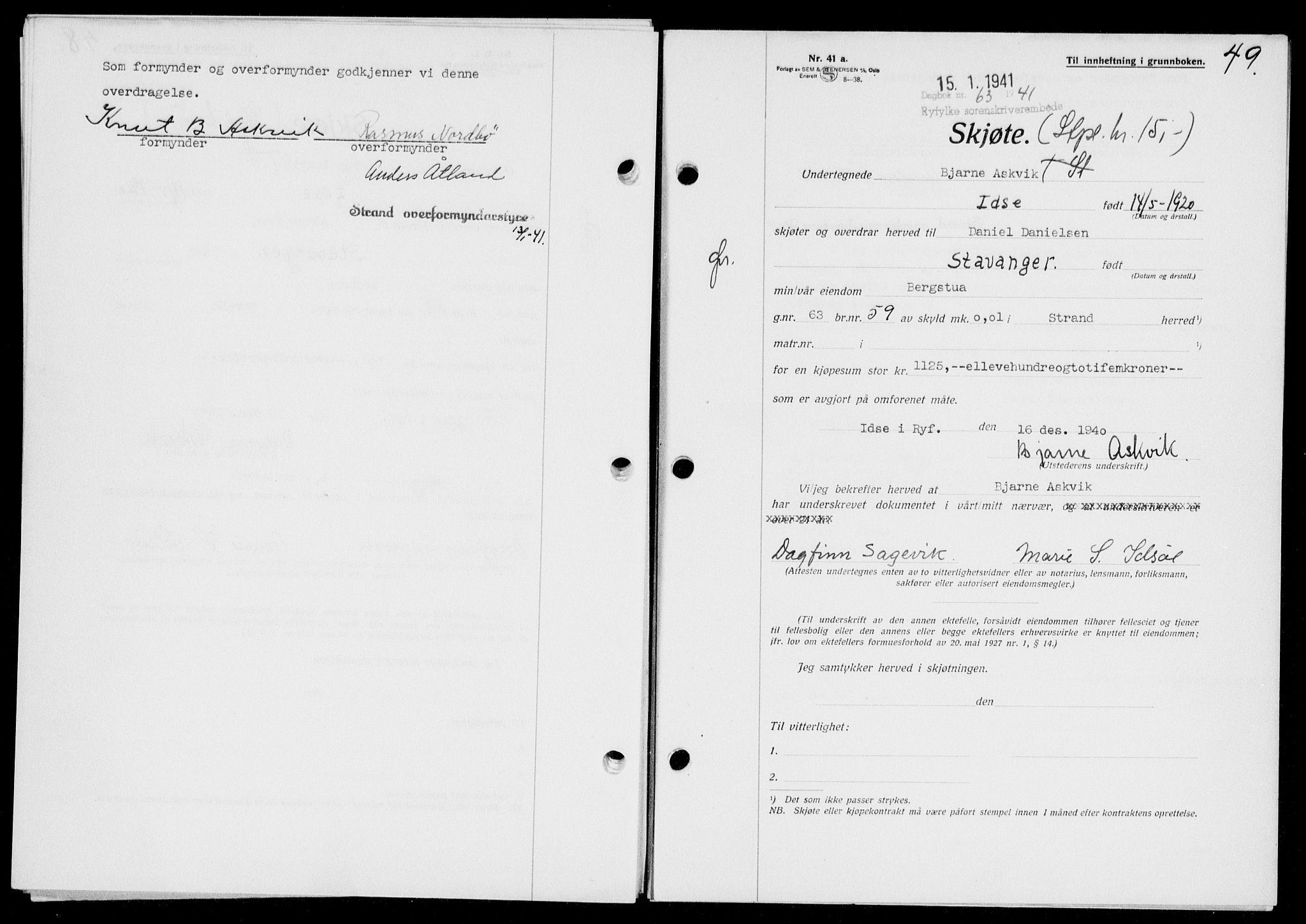 Ryfylke tingrett, SAST/A-100055/001/II/IIB/L0083: Mortgage book no. 62, 1941-1941, Diary no: : 63/1941