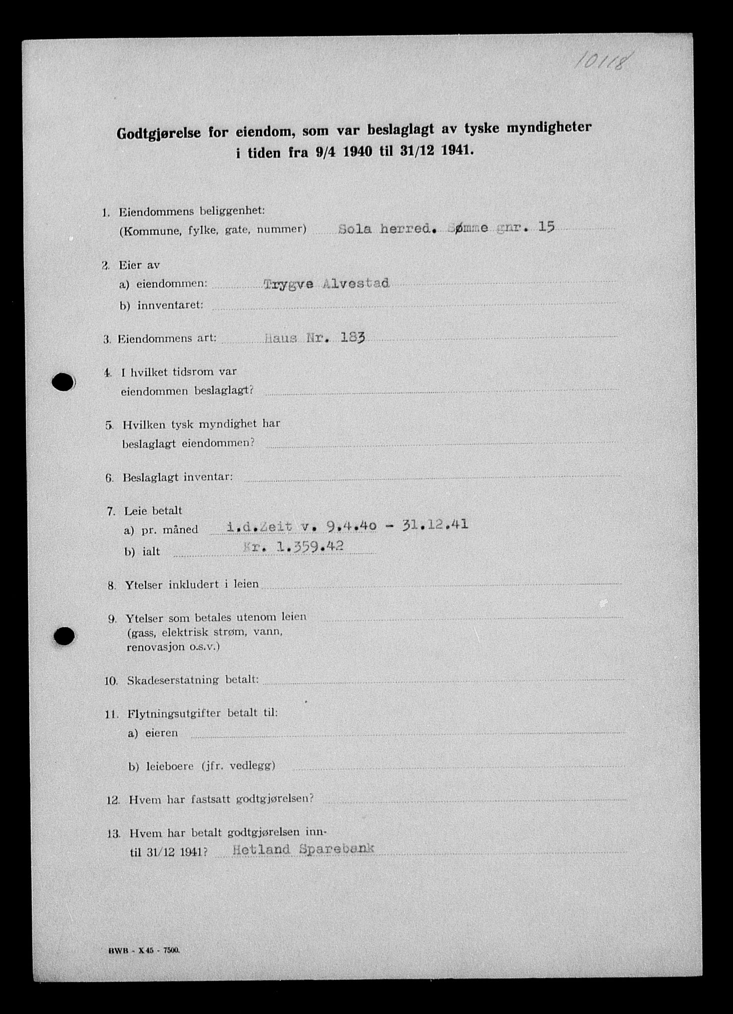 Justisdepartementet, Tilbakeføringskontoret for inndratte formuer, AV/RA-S-1564/I/L1014: Godtgjørelse for beslaglagt eiendom, 1940-1941, p. 164