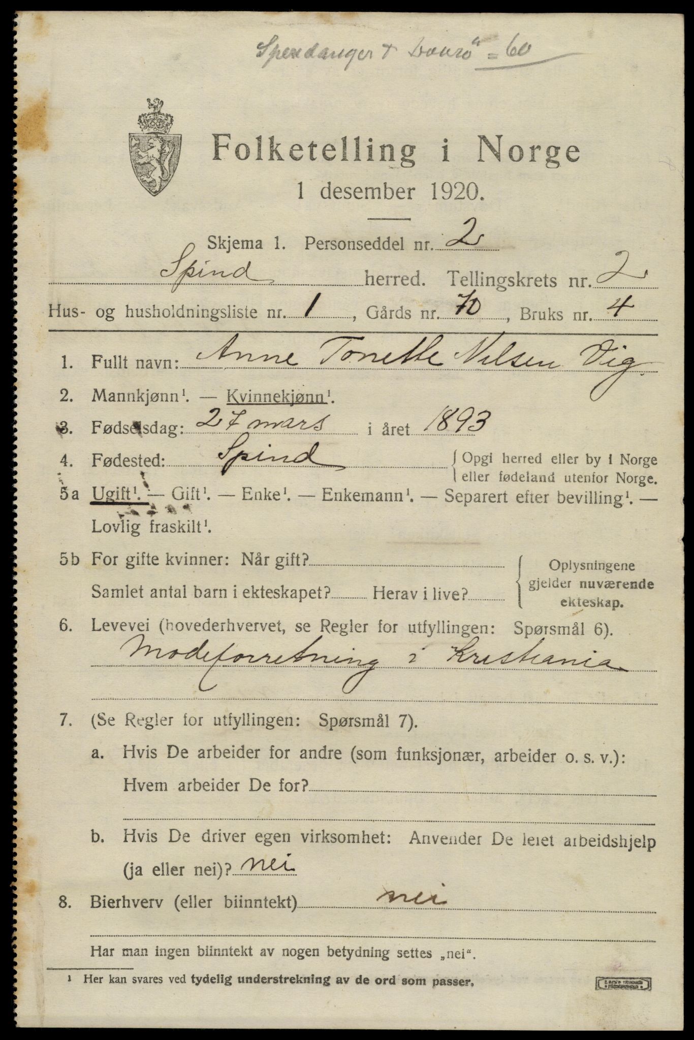 SAK, 1920 census for Spind, 1920, p. 1135