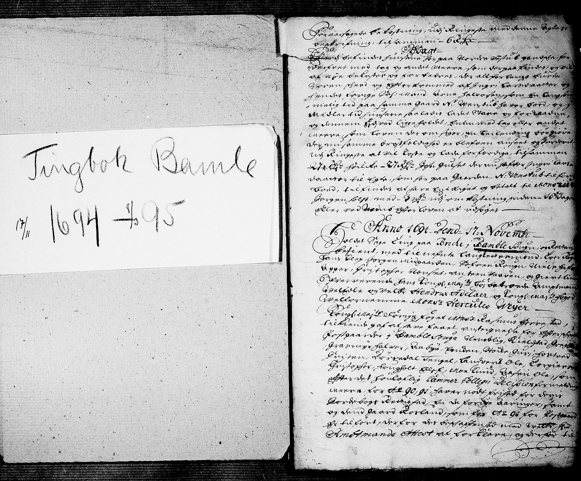 Bamble sorenskriveri, SAKO/A-214/F/Fa/Faa/L0004a: Tingbok, 1694-1695, p. 1