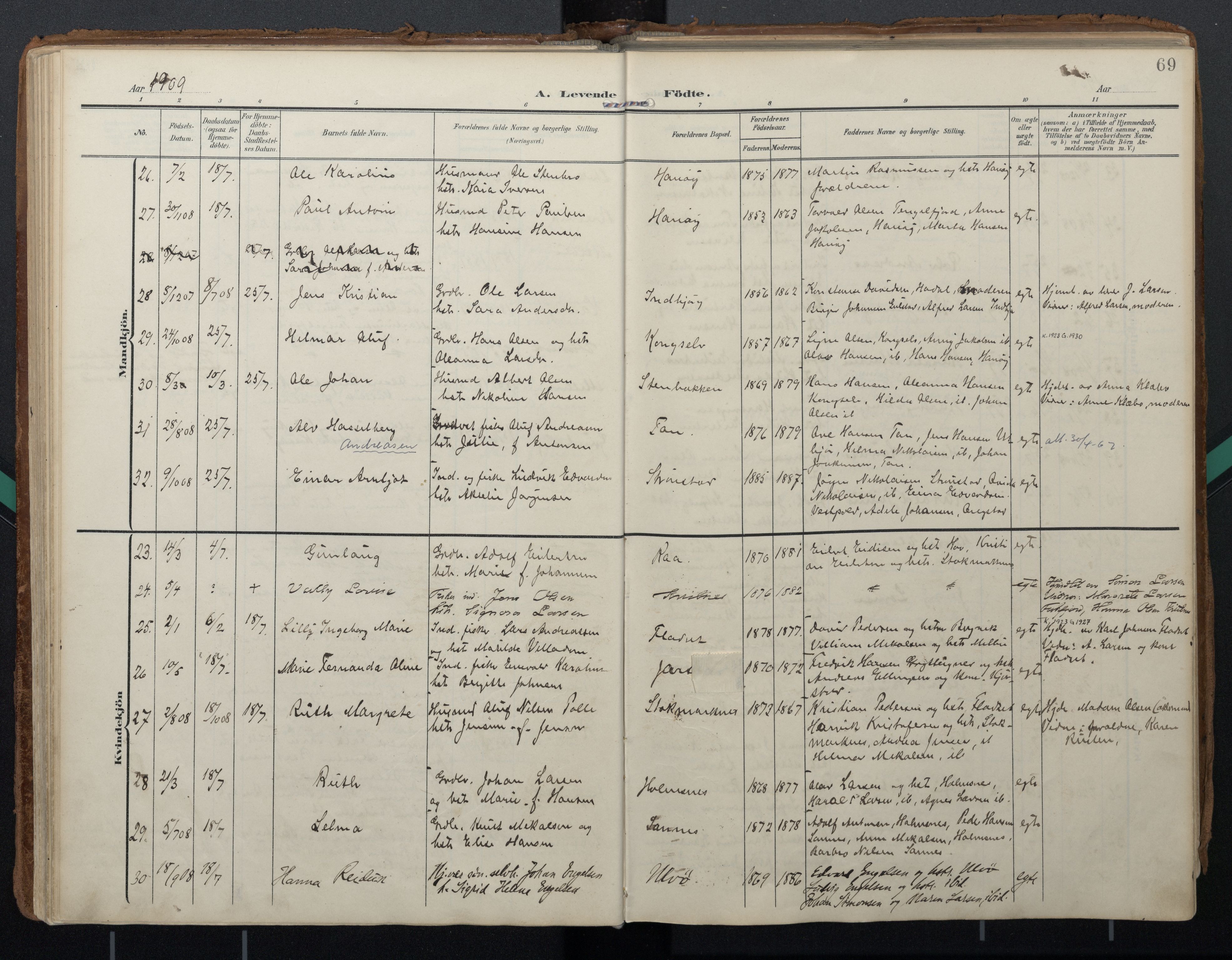 Ministerialprotokoller, klokkerbøker og fødselsregistre - Nordland, AV/SAT-A-1459/888/L1248: Parish register (official) no. 888A14, 1904-1913, p. 69