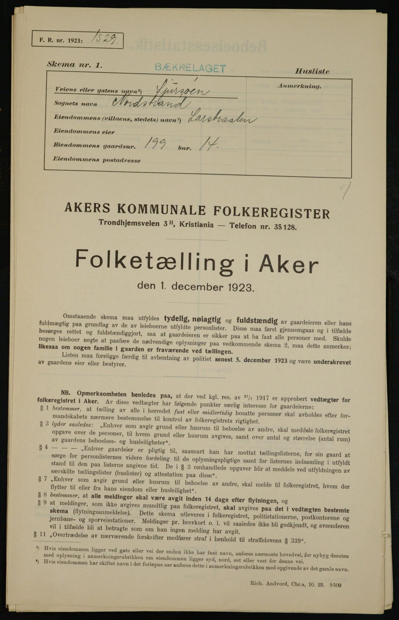 , Municipal Census 1923 for Aker, 1923, p. 45326