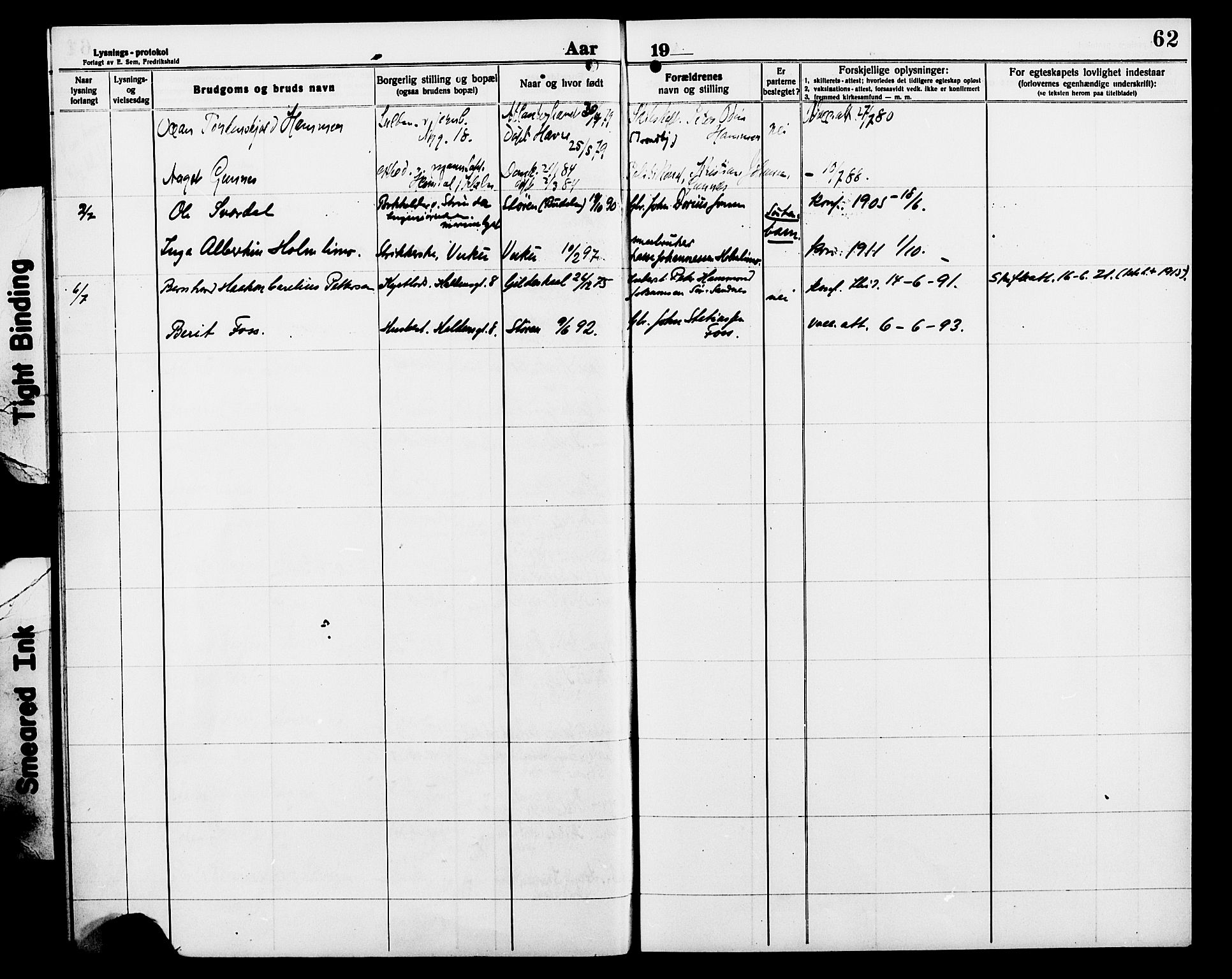 Ministerialprotokoller, klokkerbøker og fødselsregistre - Sør-Trøndelag, AV/SAT-A-1456/604/L0195: Banns register no. 604A16, 1916-1921, p. 62