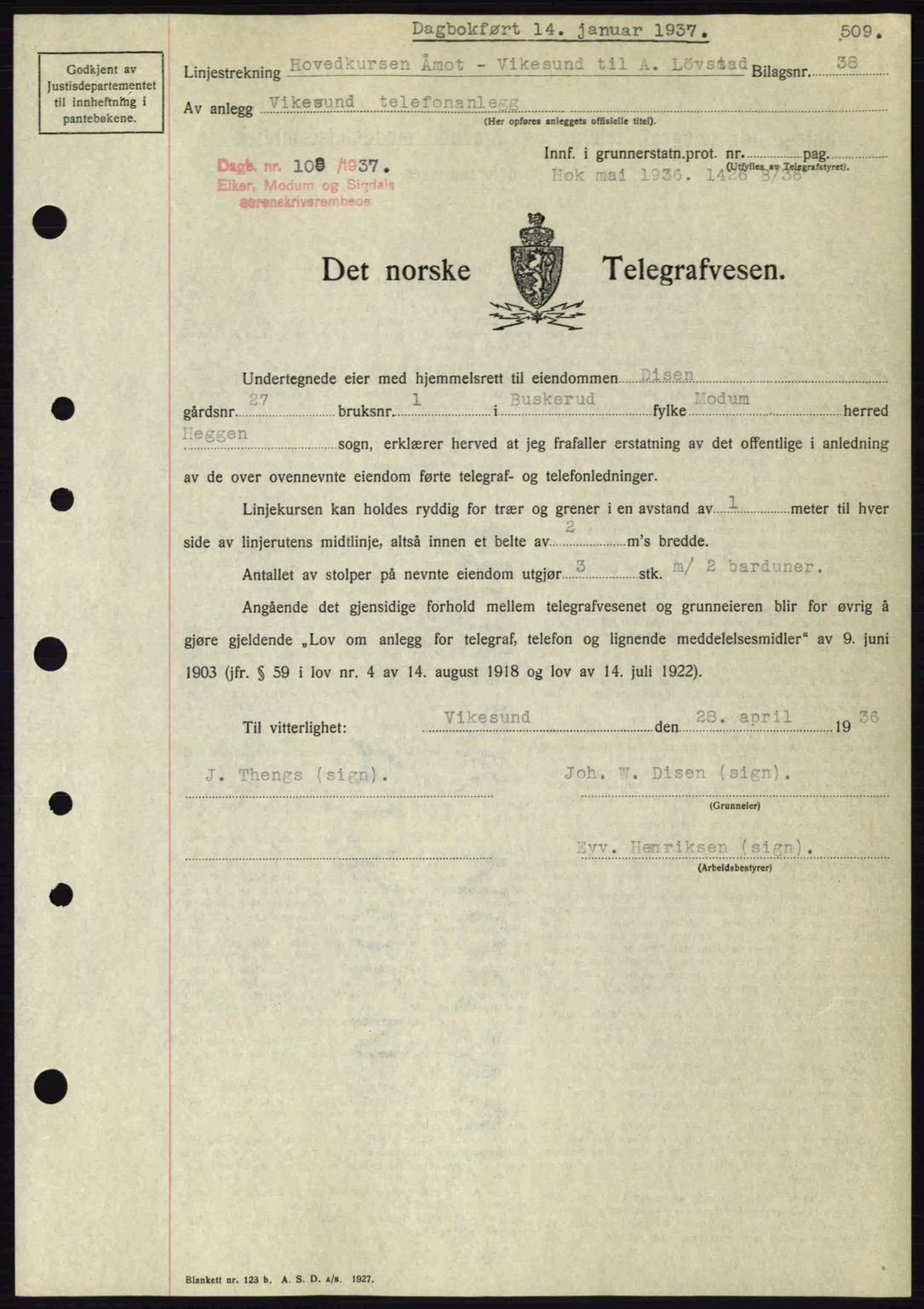 Eiker, Modum og Sigdal sorenskriveri, SAKO/A-123/G/Ga/Gab/L0034: Mortgage book no. A4, 1936-1937, Diary no: : 108/1937