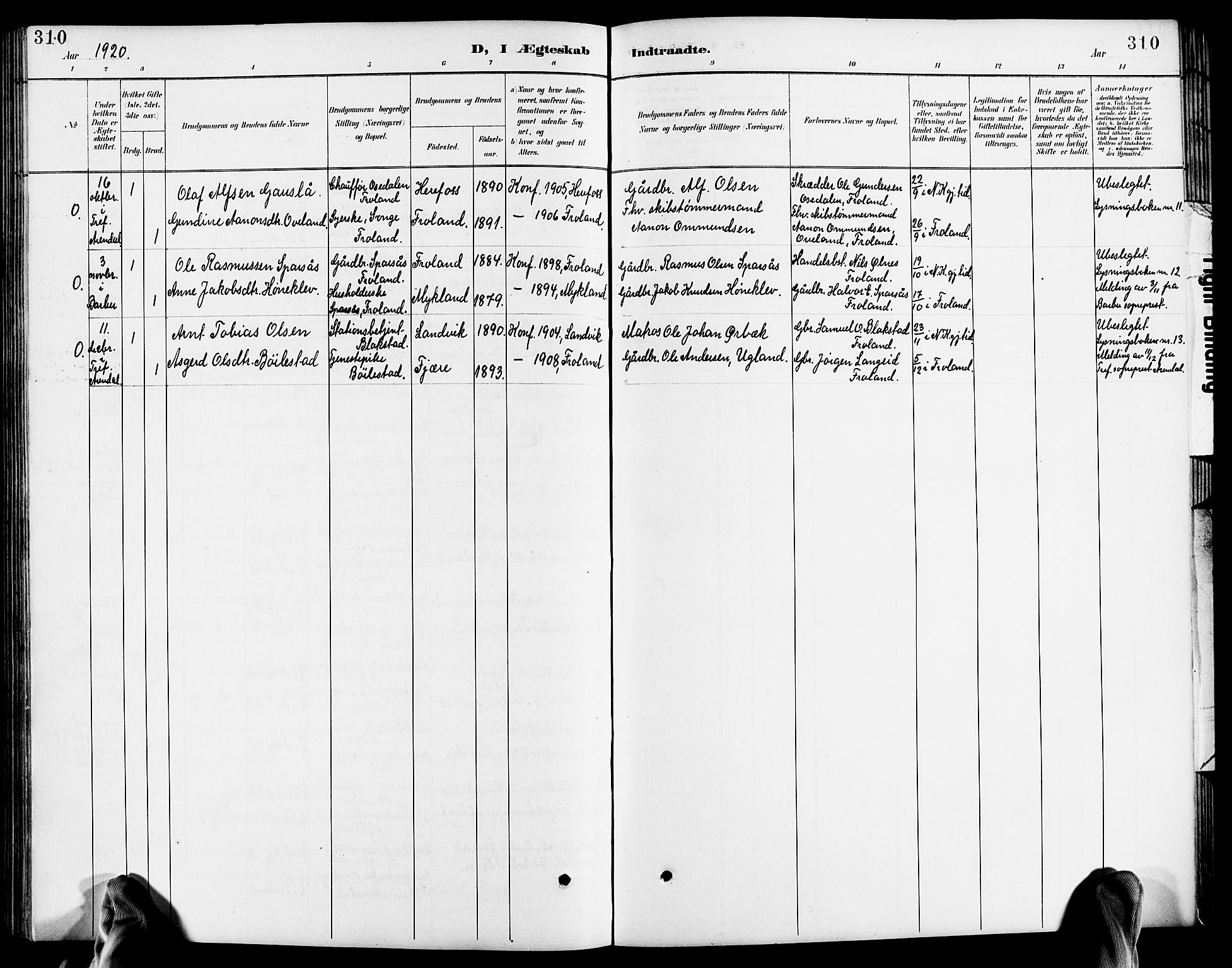 Froland sokneprestkontor, AV/SAK-1111-0013/F/Fb/L0010: Parish register (copy) no. B 10, 1893-1920, p. 310