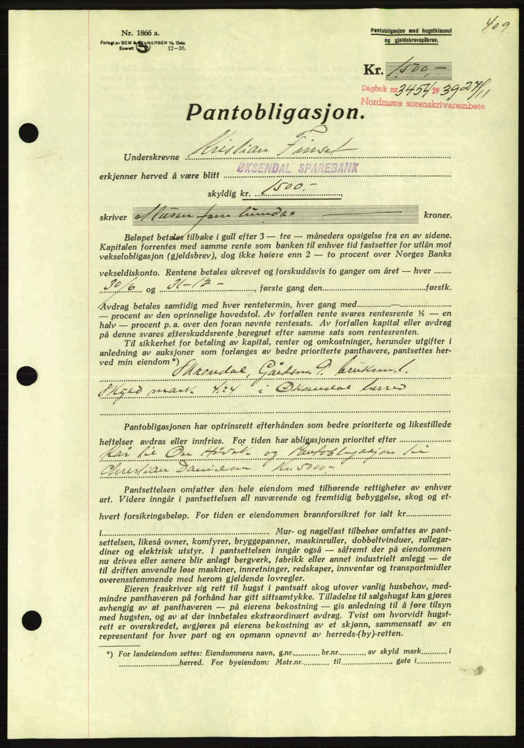 Nordmøre sorenskriveri, AV/SAT-A-4132/1/2/2Ca: Mortgage book no. B86, 1939-1940, Diary no: : 3454/1939