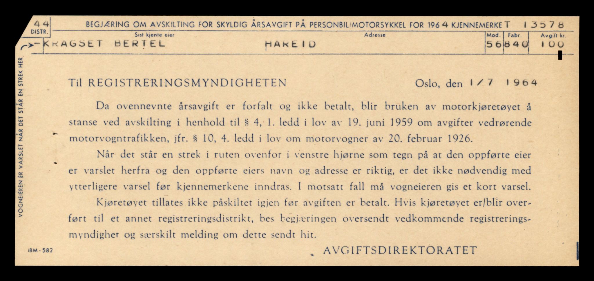 Møre og Romsdal vegkontor - Ålesund trafikkstasjon, SAT/A-4099/F/Fe/L0040: Registreringskort for kjøretøy T 13531 - T 13709, 1927-1998, p. 861