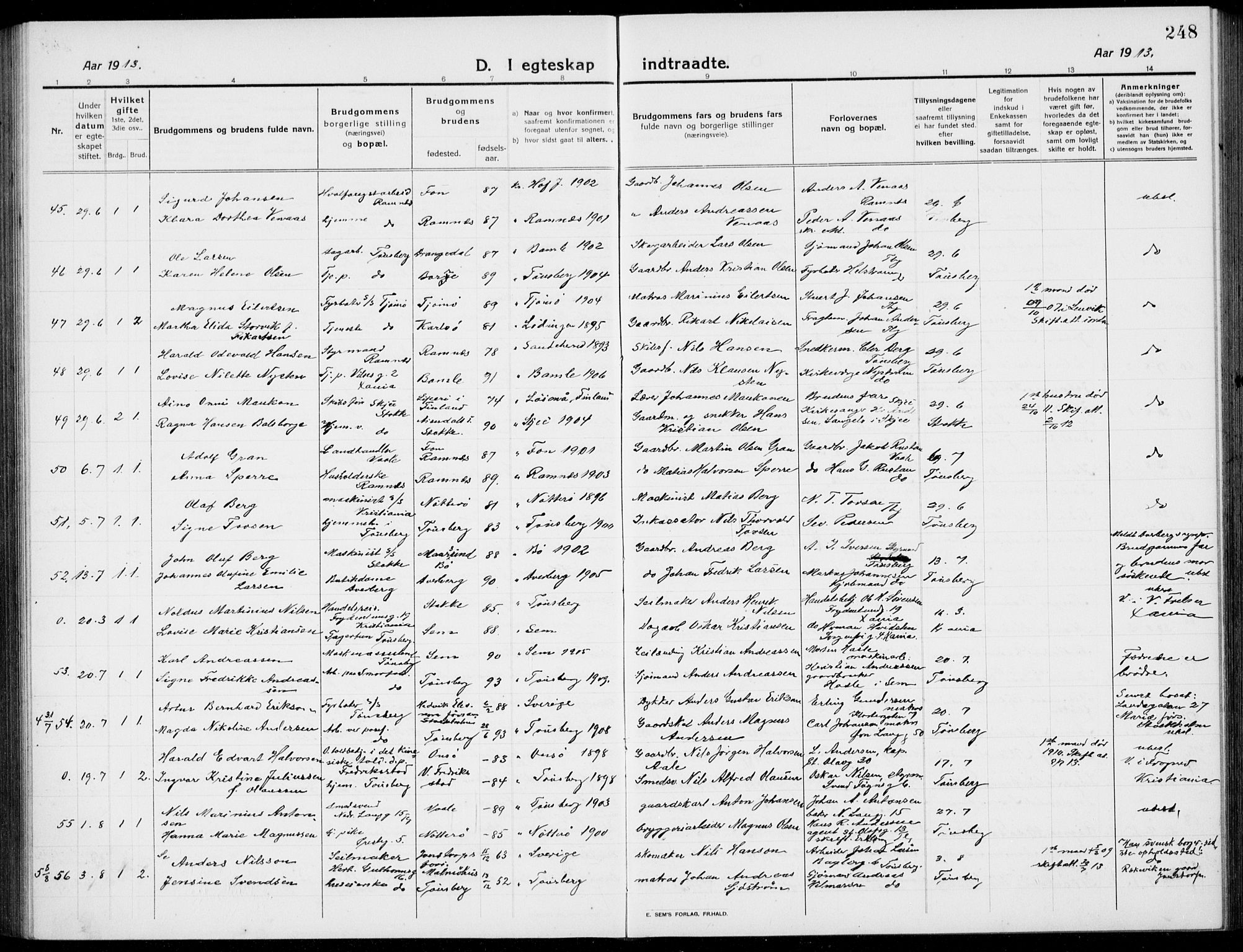 Tønsberg kirkebøker, AV/SAKO-A-330/G/Ga/L0009: Parish register (copy) no. 9, 1913-1920, p. 248