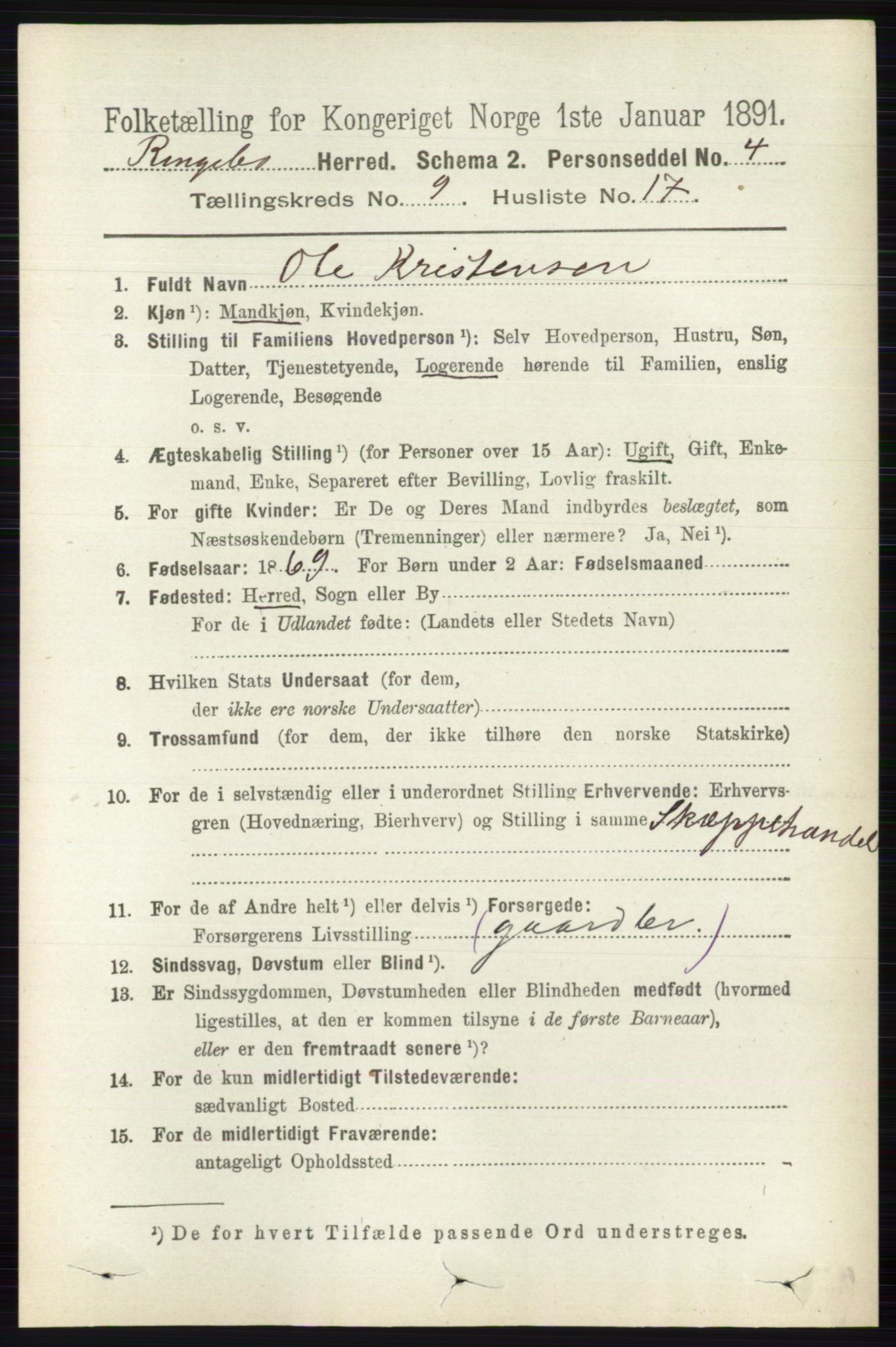 RA, 1891 census for 0520 Ringebu, 1891, p. 4350