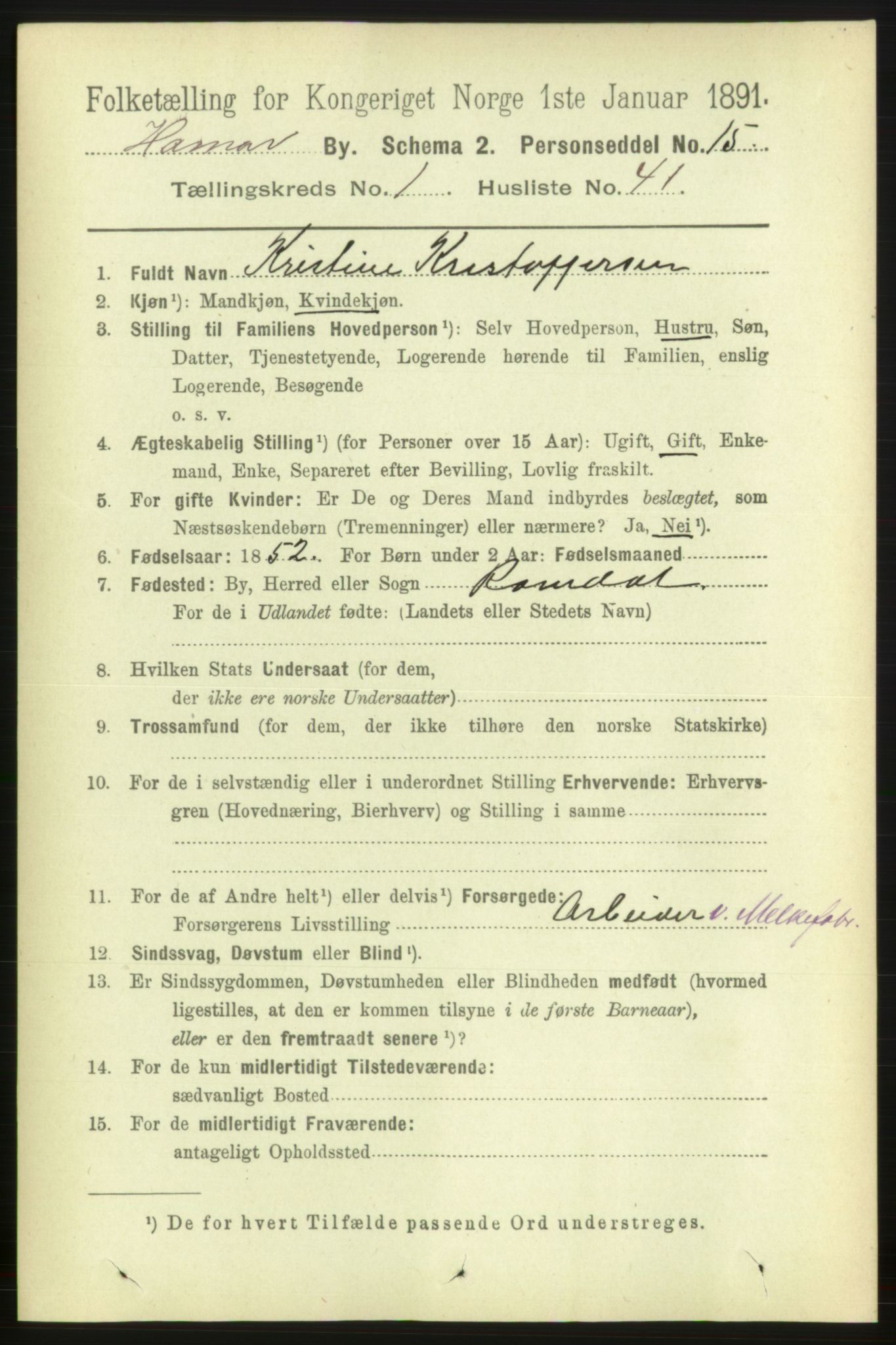 RA, 1891 census for 0401 Hamar, 1891, p. 625
