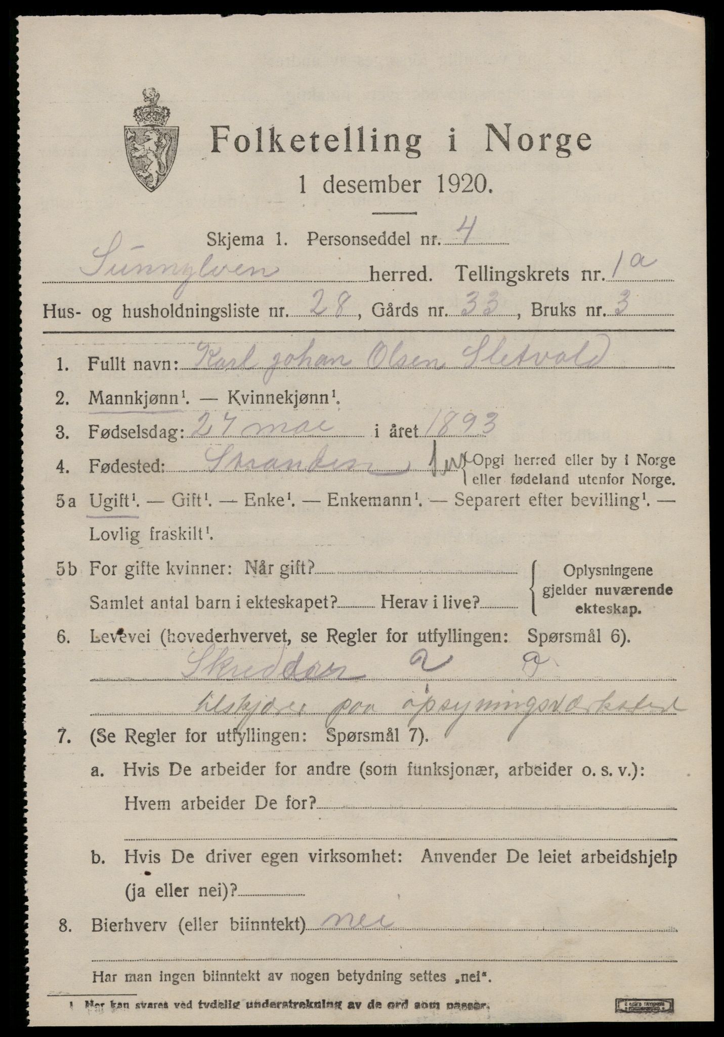 SAT, 1920 census for Sunnylven, 1920, p. 908