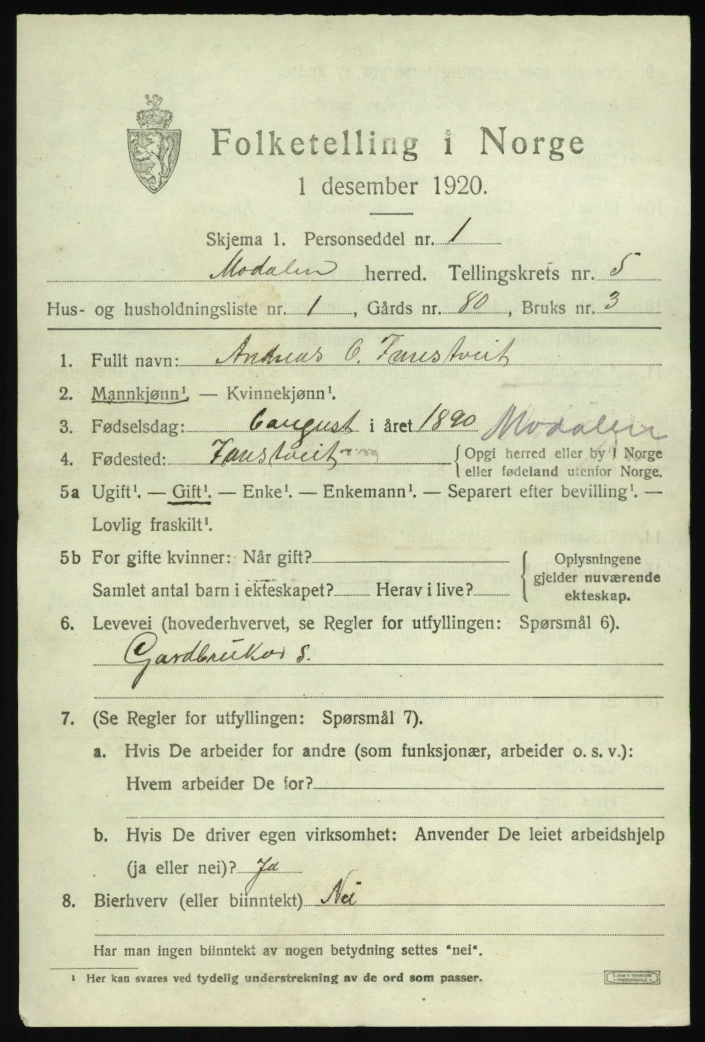 SAB, 1920 census for Modalen, 1920, p. 954