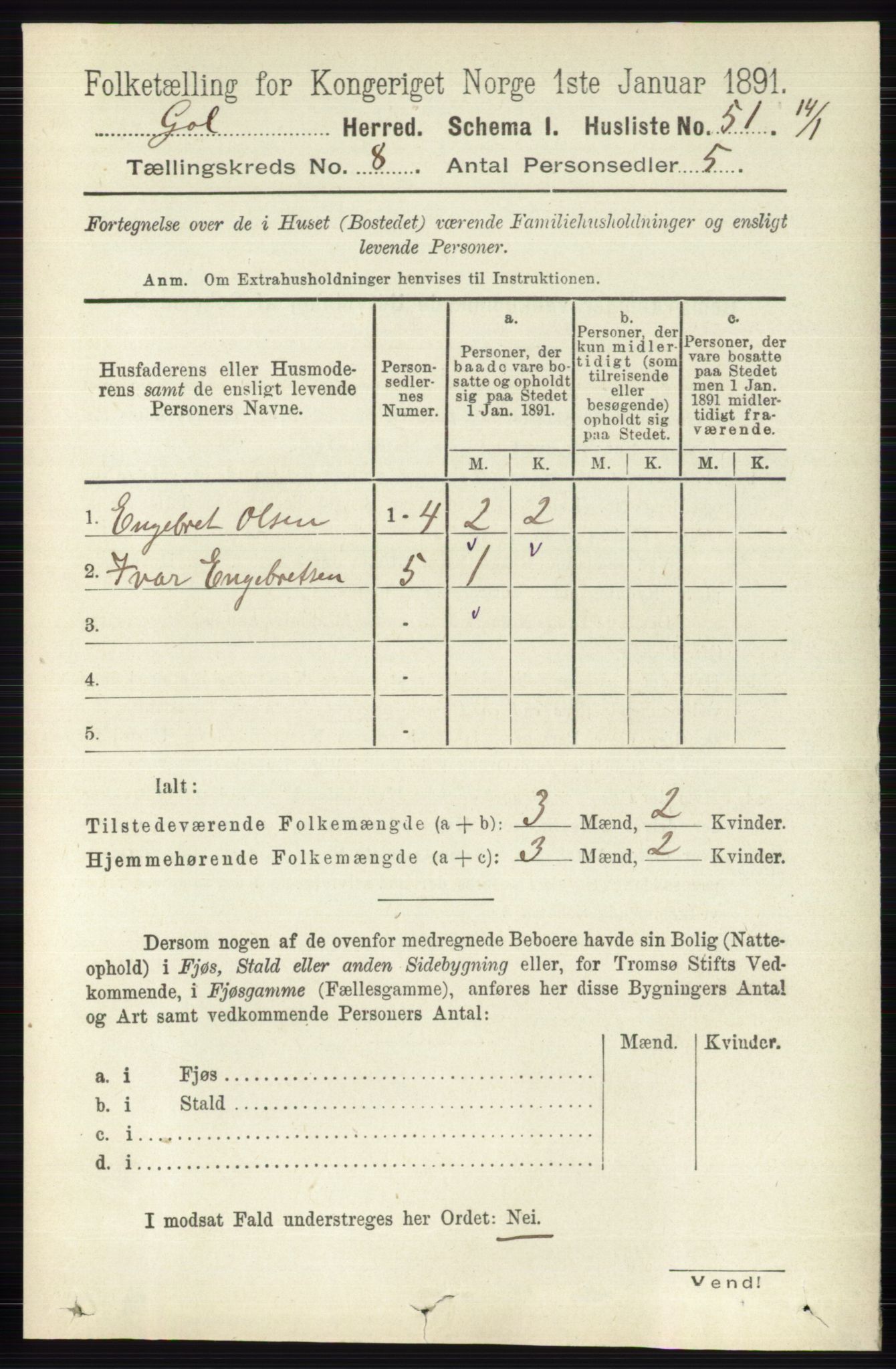 RA, 1891 census for 0617 Gol og Hemsedal, 1891, p. 3032