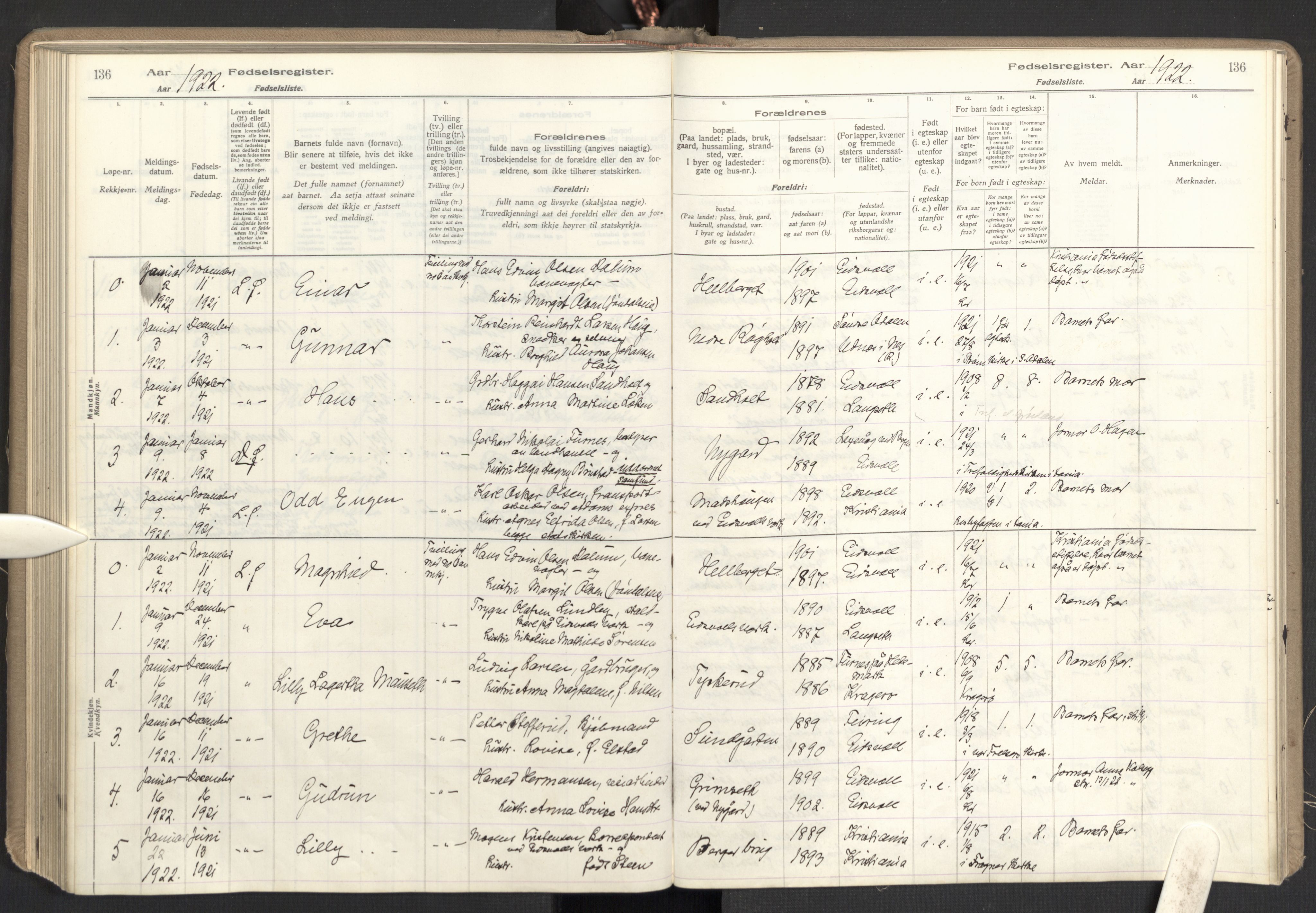 Eidsvoll prestekontor Kirkebøker, SAO/A-10888: Birth register no. I 1, 1916-1924, p. 136