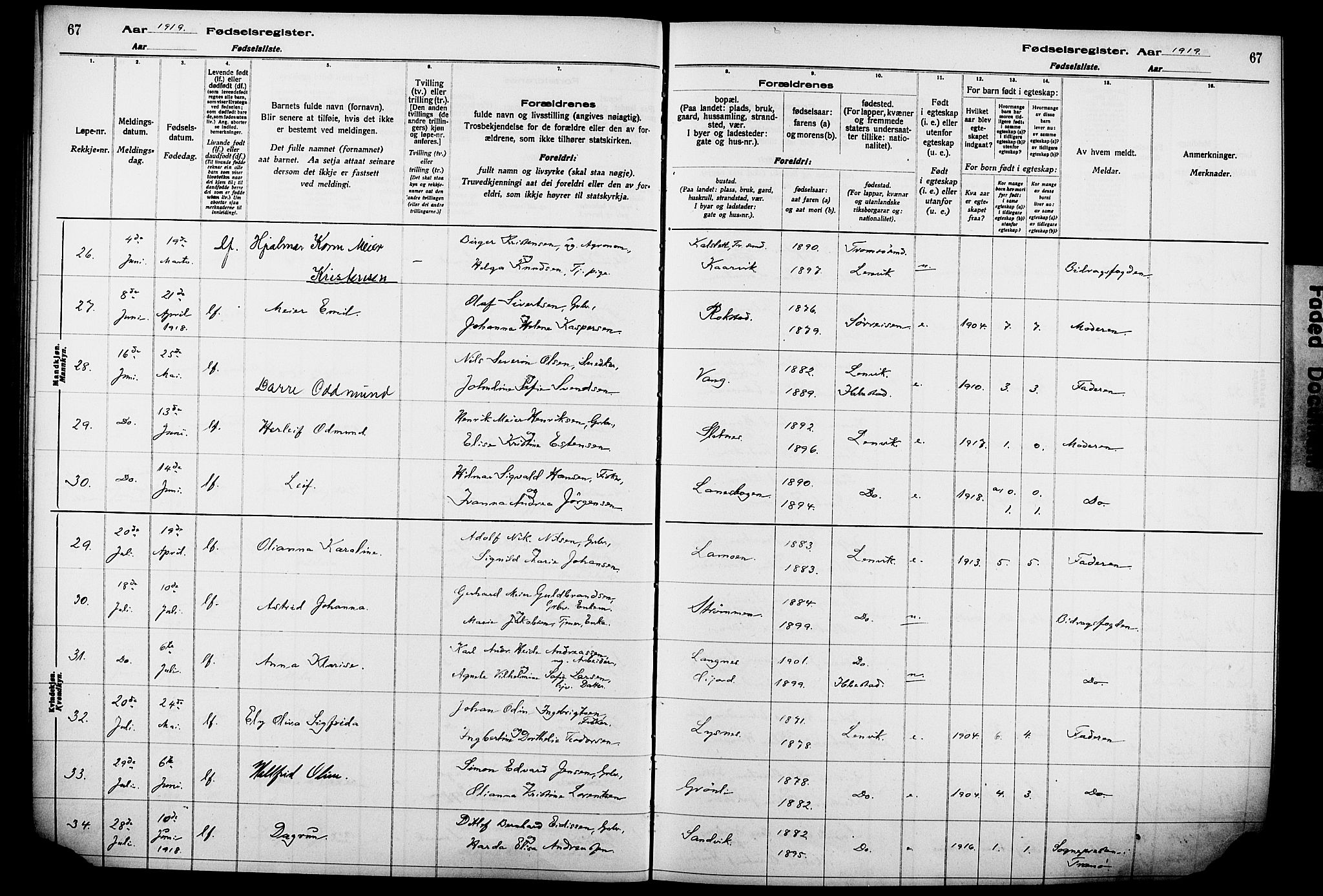 Lenvik sokneprestembete, AV/SATØ-S-1310/I/Ic/L0089: Birth register no. 89, 1916-1926, p. 67