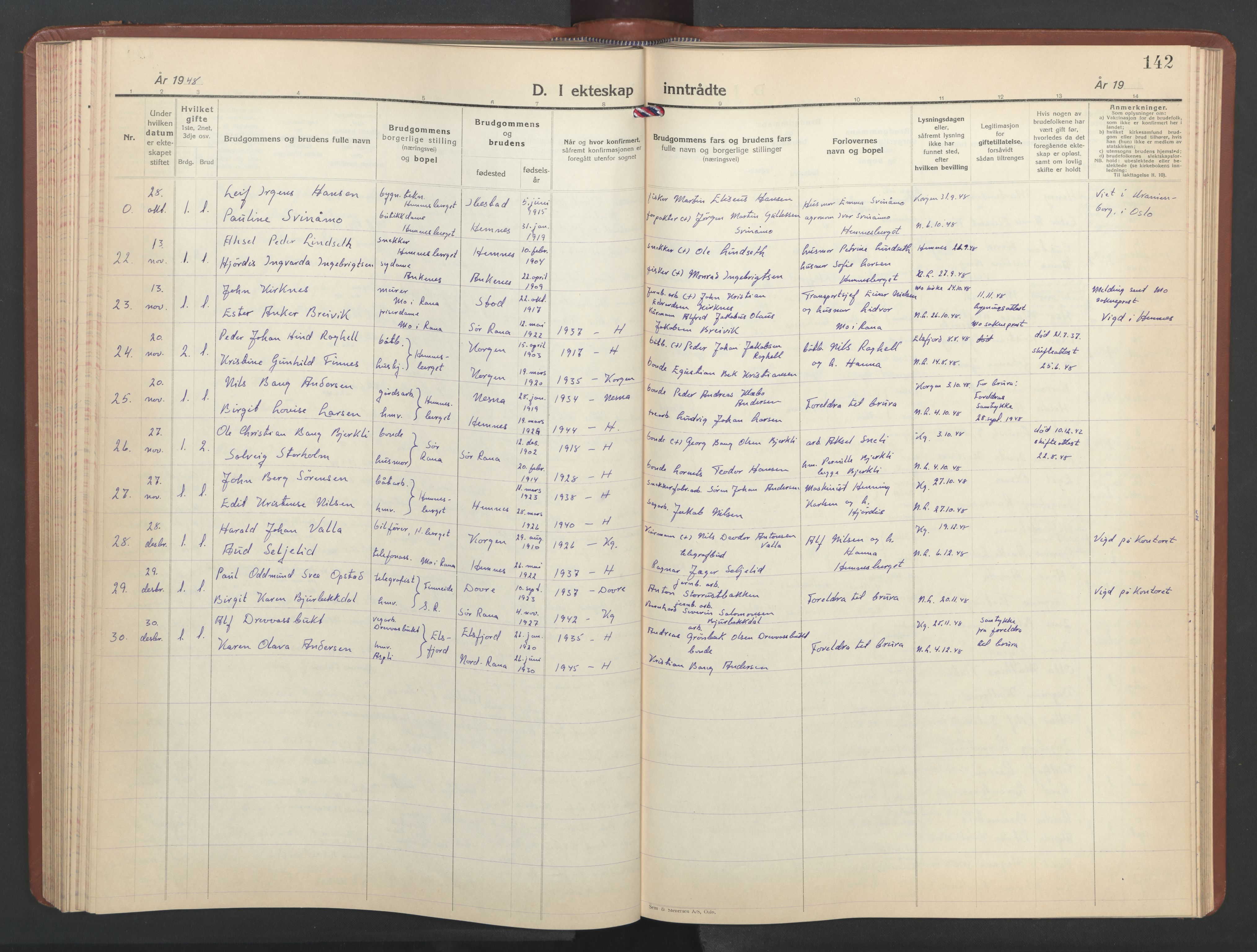 Ministerialprotokoller, klokkerbøker og fødselsregistre - Nordland, AV/SAT-A-1459/825/L0374: Parish register (copy) no. 825C11, 1941-1957, p. 142