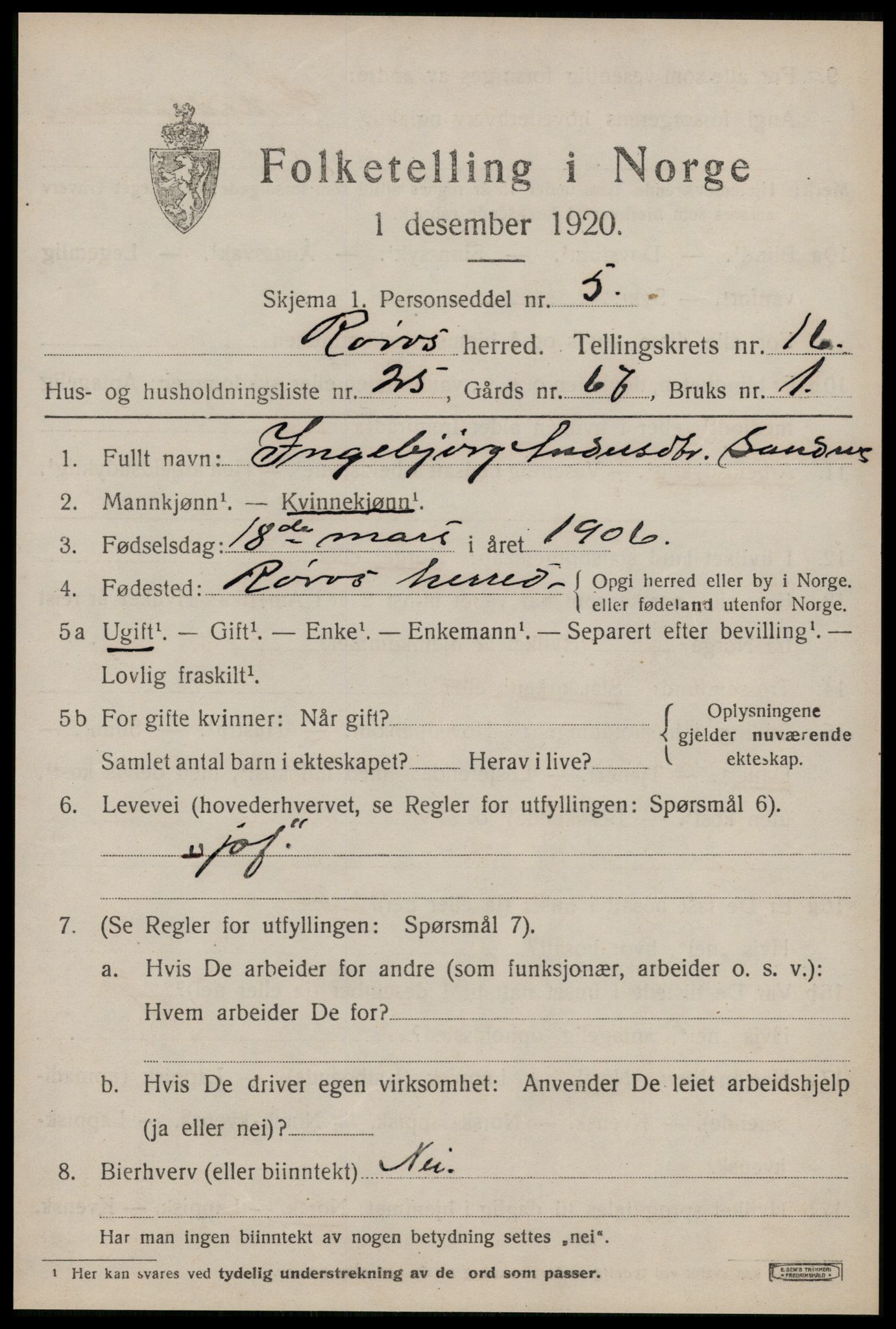 SAT, 1920 census for Røros, 1920, p. 11306