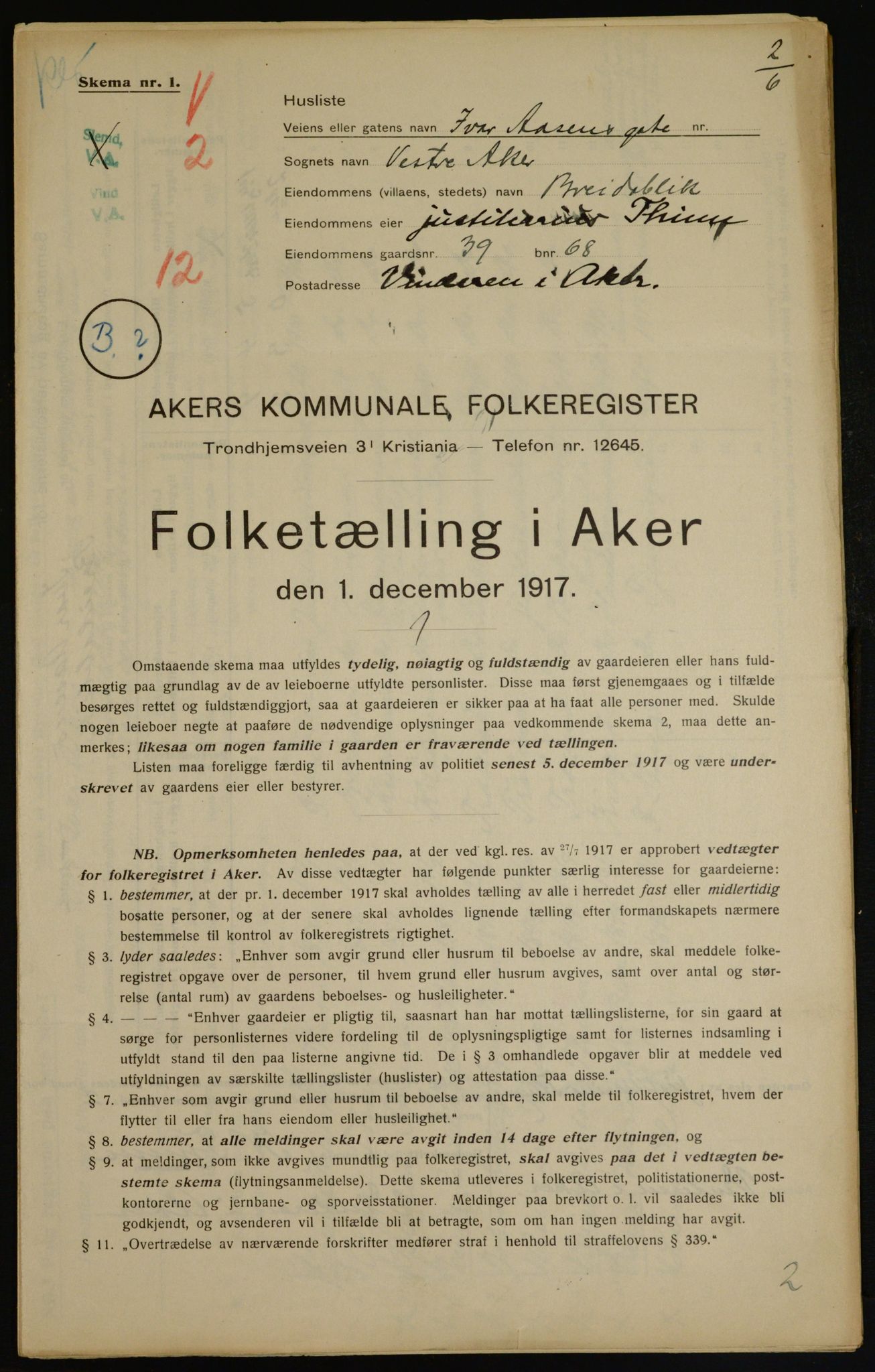 OBA, Municipal Census 1917 for Aker, 1917, p. 6472