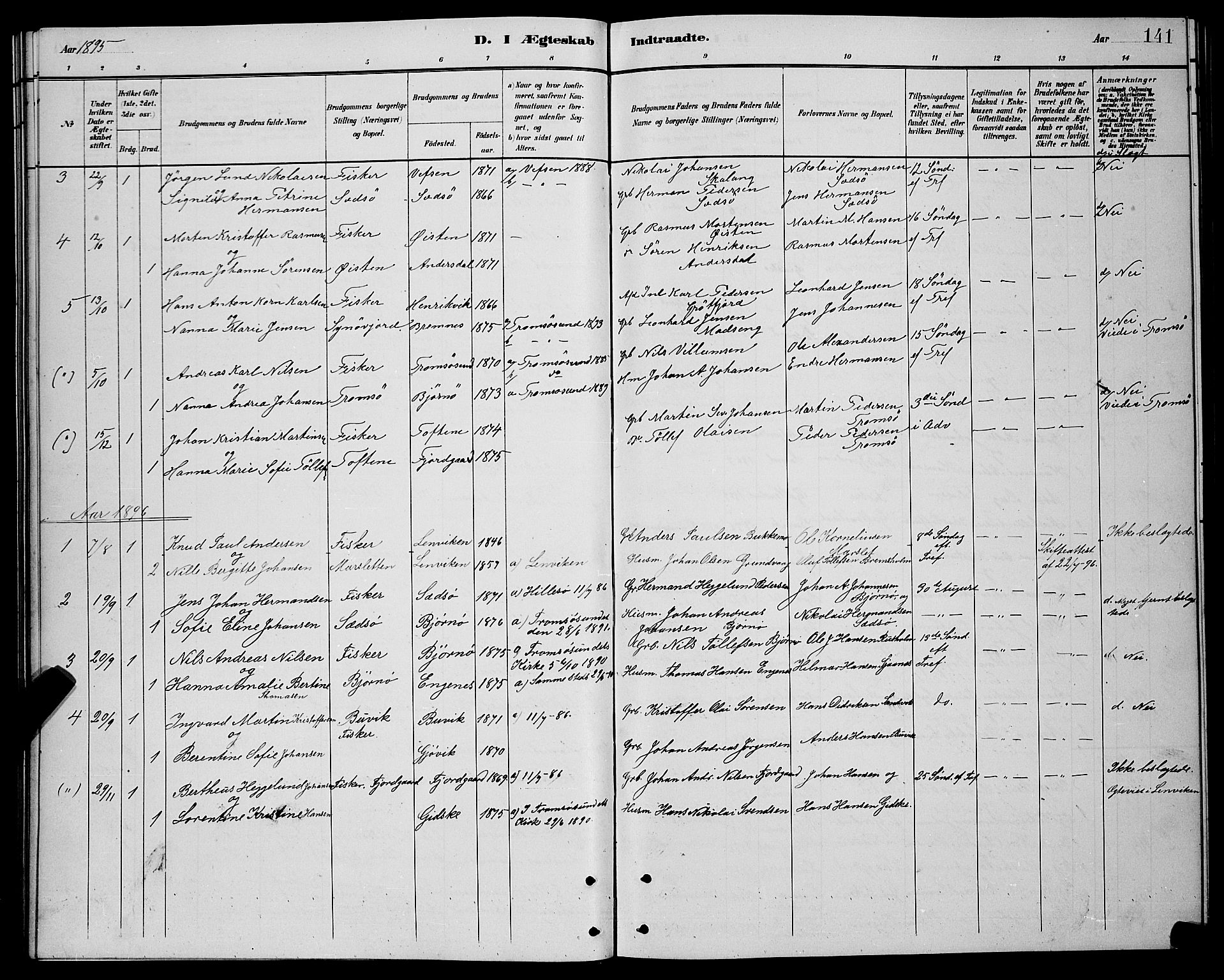 Lenvik sokneprestembete, SATØ/S-1310/H/Ha/Hab/L0021klokker: Parish register (copy) no. 21, 1884-1900, p. 141