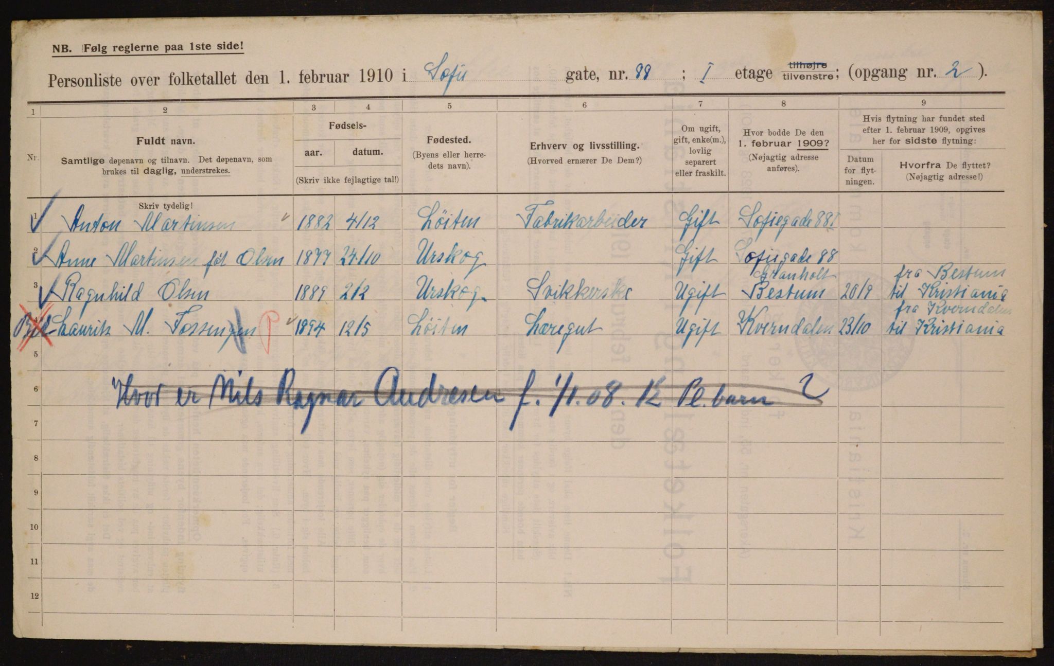 OBA, Municipal Census 1910 for Kristiania, 1910, p. 94664