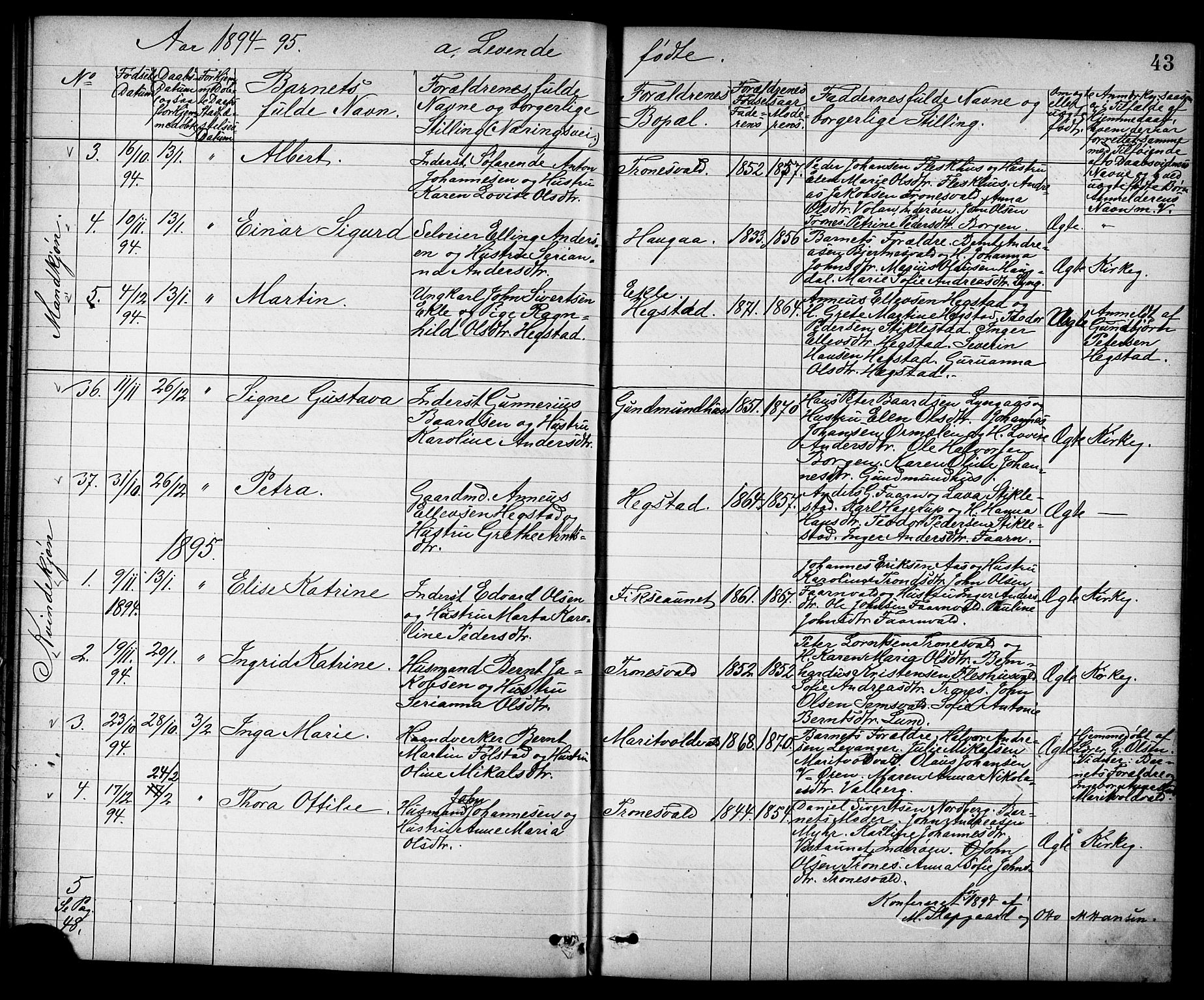 Ministerialprotokoller, klokkerbøker og fødselsregistre - Nord-Trøndelag, SAT/A-1458/723/L0257: Parish register (copy) no. 723C05, 1890-1907, p. 43