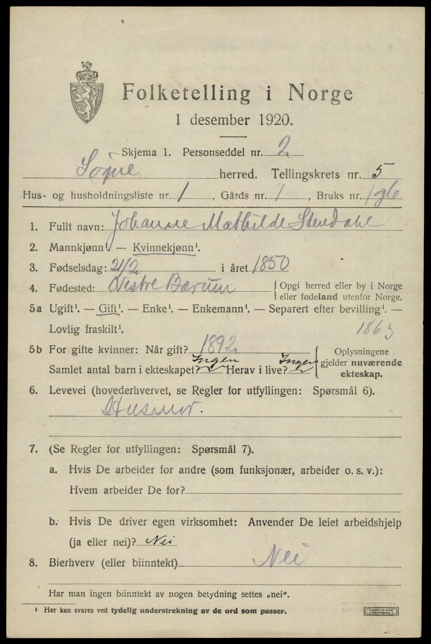 SAK, 1920 census for Søgne, 1920, p. 2183