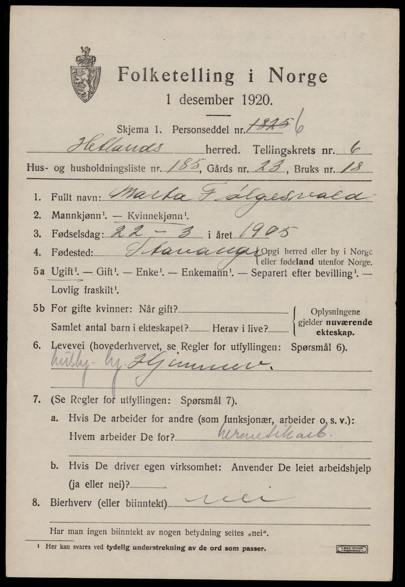 SAST, 1920 census for Hetland, 1920, p. 13107