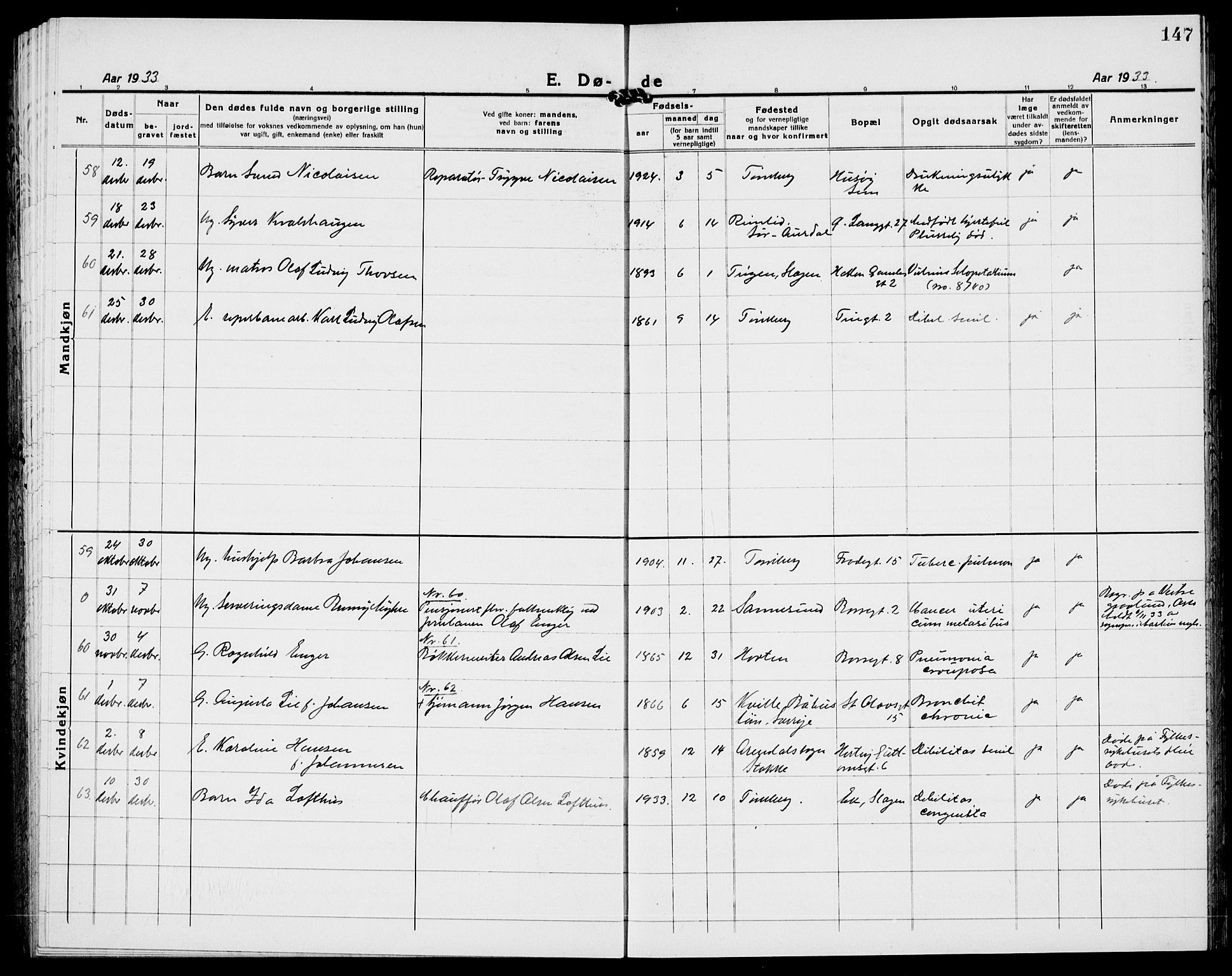 Tønsberg kirkebøker, AV/SAKO-A-330/G/Ga/L0018: Parish register (copy) no. 18, 1920-1935, p. 147